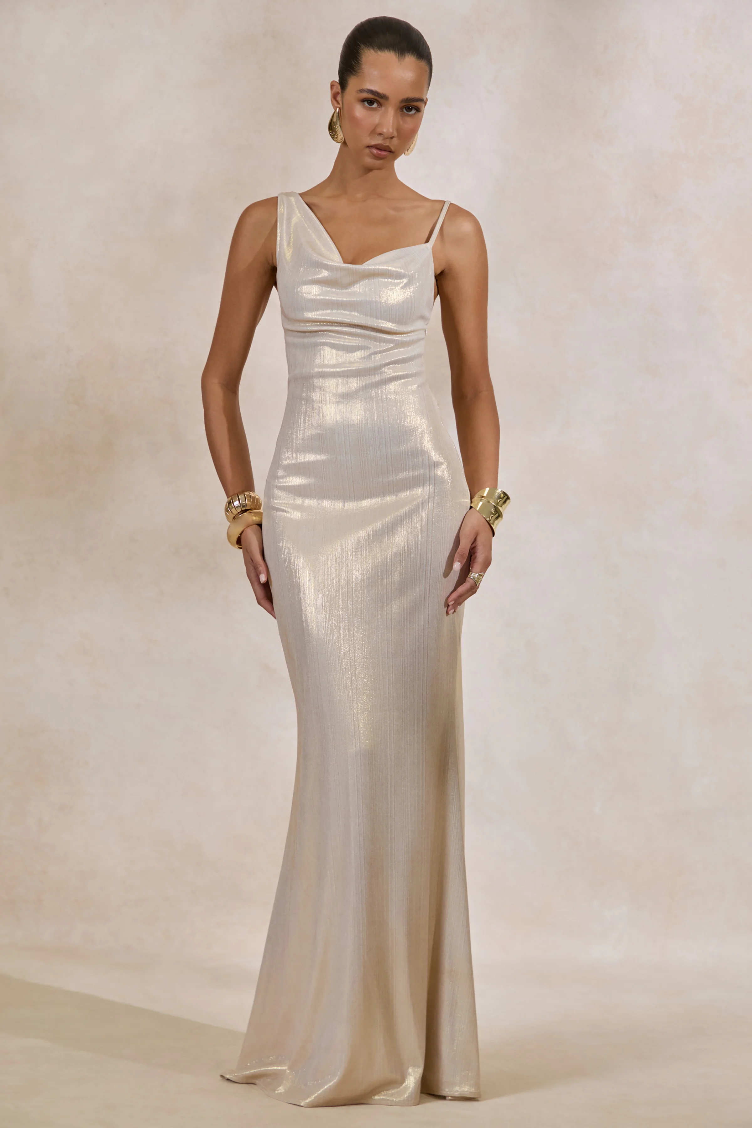 Galaxy Shimmer | Champagne Bias Cut Cowl Front Maxi Dress - Image 4
