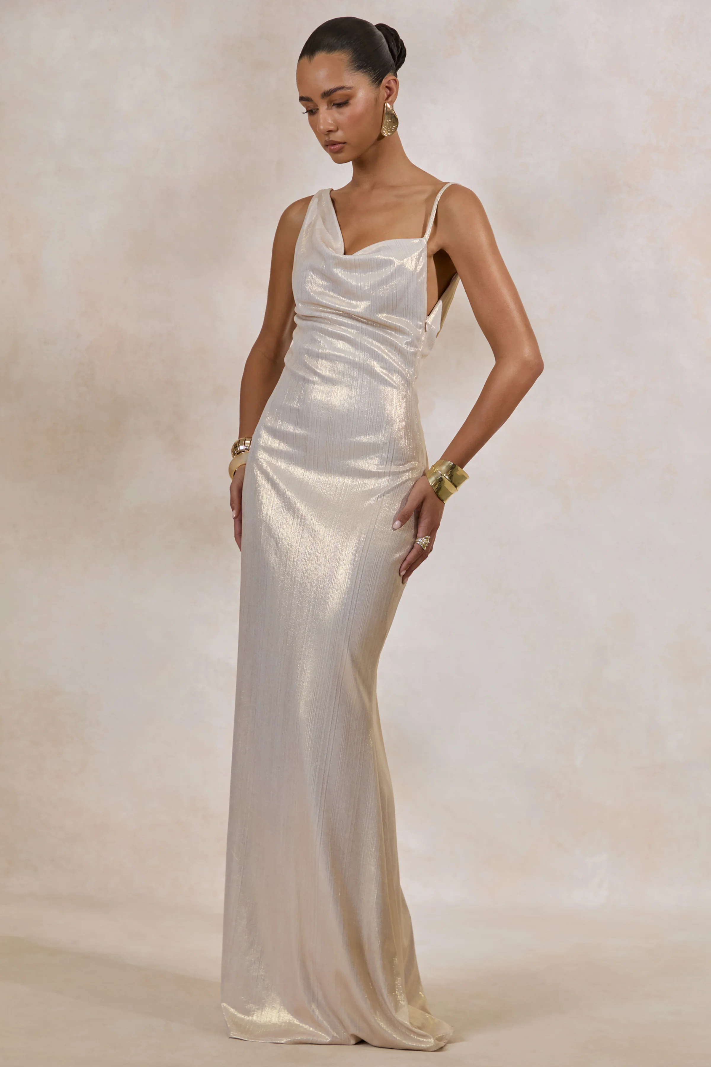 Galaxy Shimmer | Champagne Bias Cut Cowl Front Maxi Dress - Image 5