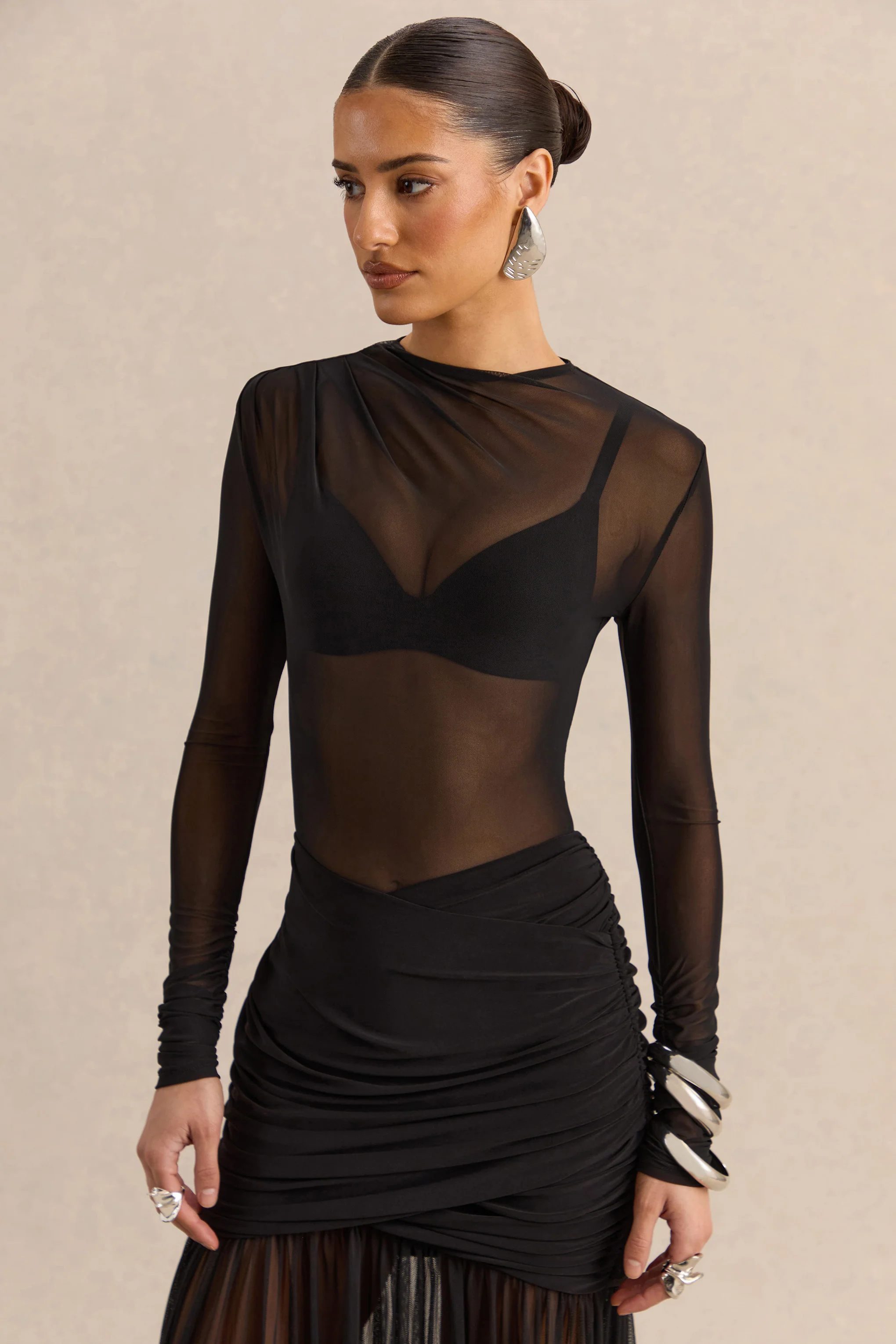 Garina | Black Mesh High-Neck Thong Bodysuit With Long-Sleeves - Image 4