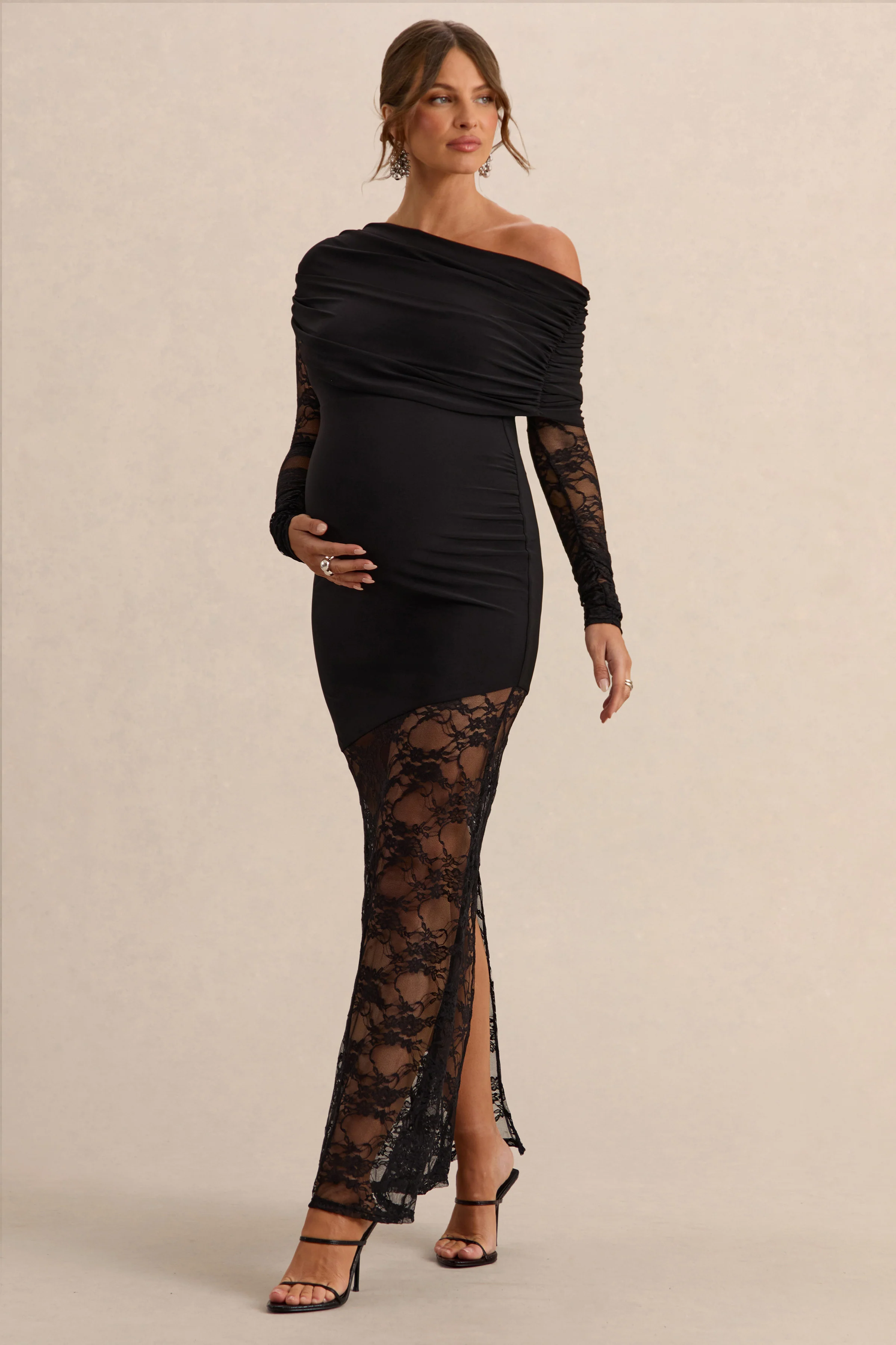 Giuliana | Black Asymmetric-Neck Maternity Maxi Dress With Lace Detailing