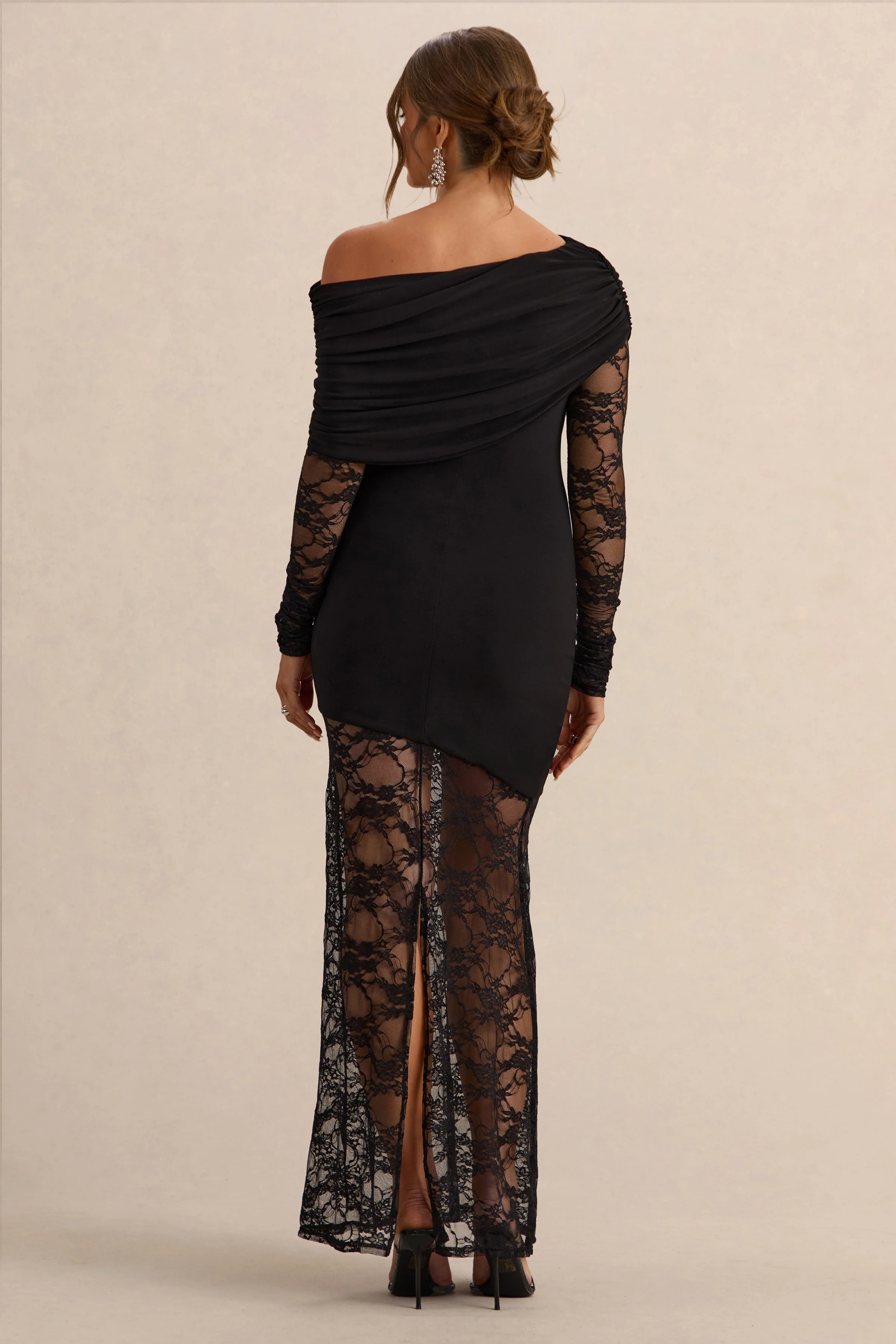 Giuliana | Black Asymmetric-Neck Maternity Maxi Dress With Lace Detailing - Image 2