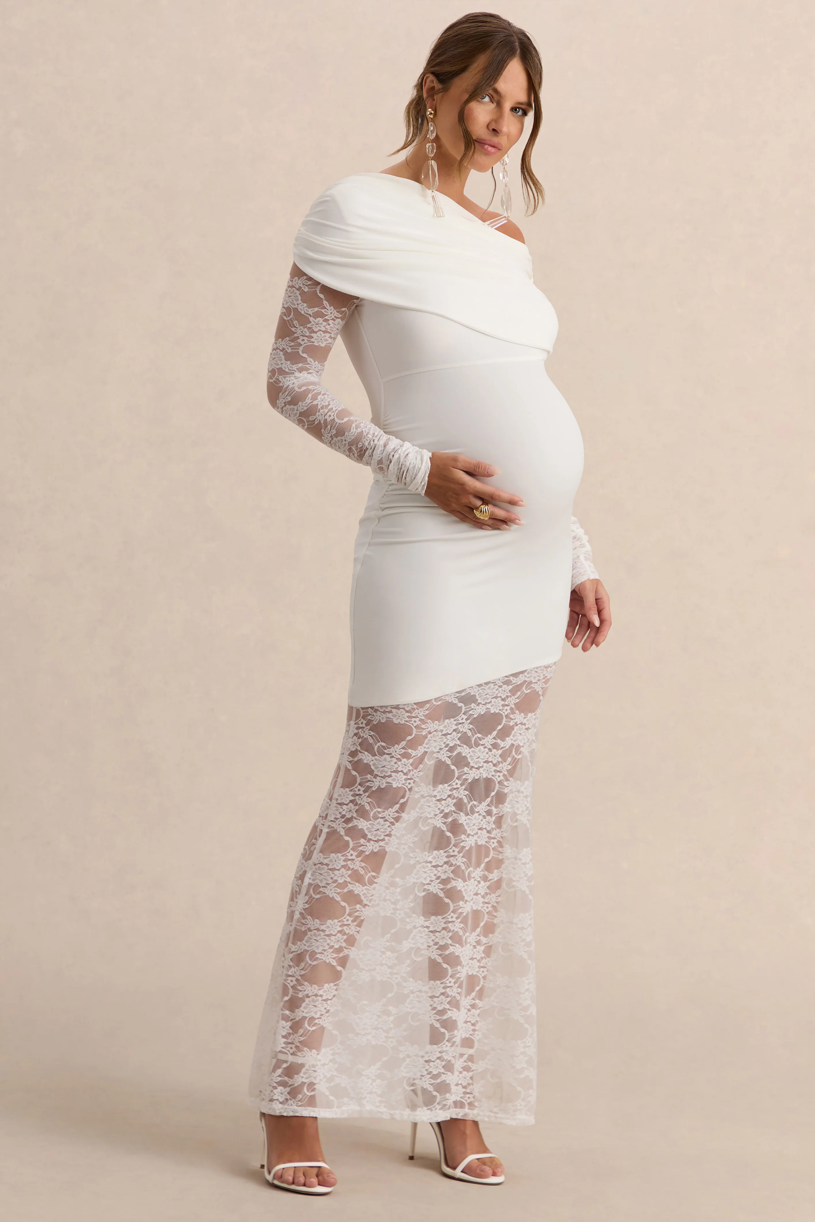 Giuliana | White Asymmetric-Neck Maternity Maxi Dress With Lace Detailing - Image 4