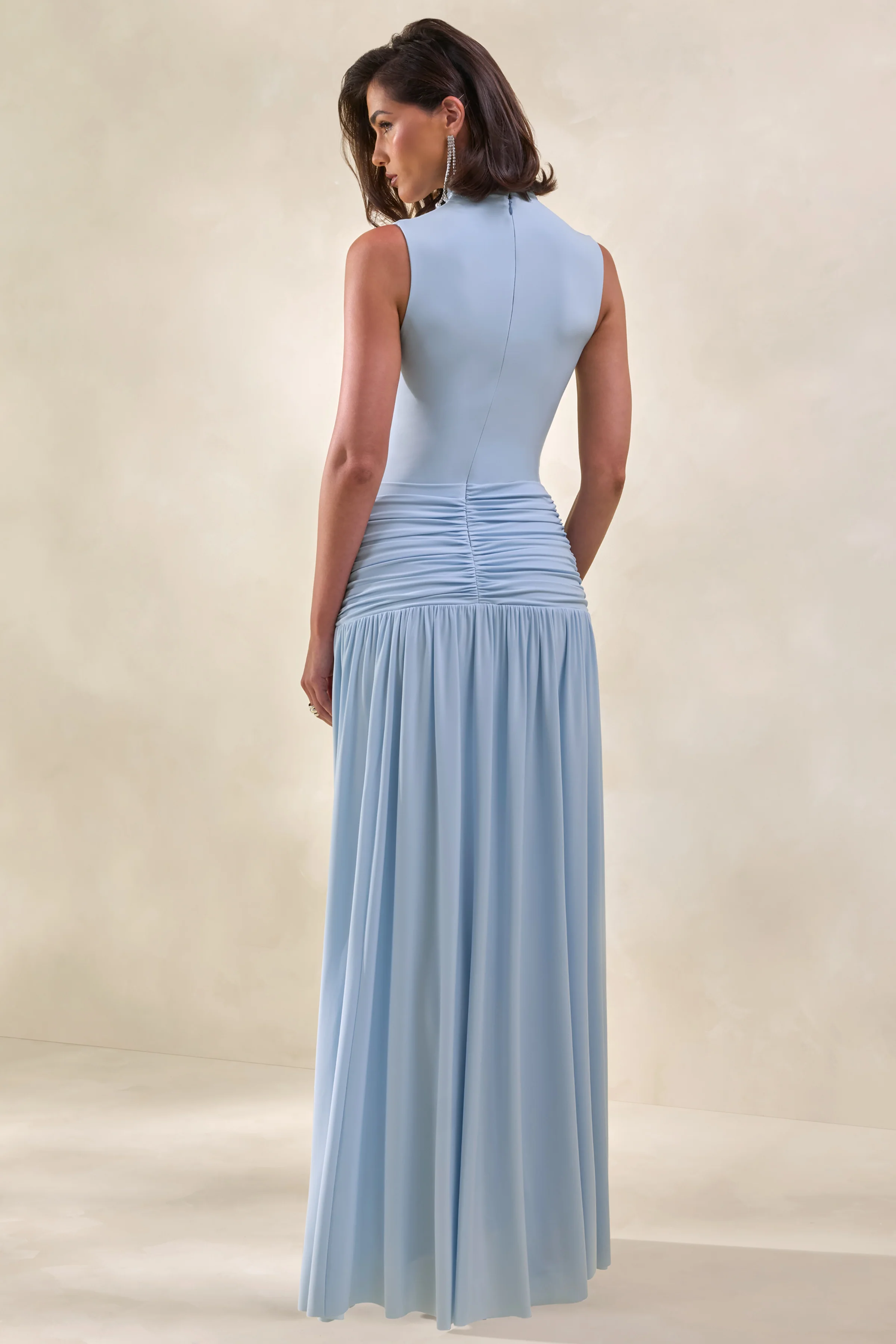 Glimora | Powder Blue High-Neck Maxi Dress With Ruched-Detailing - Image 2