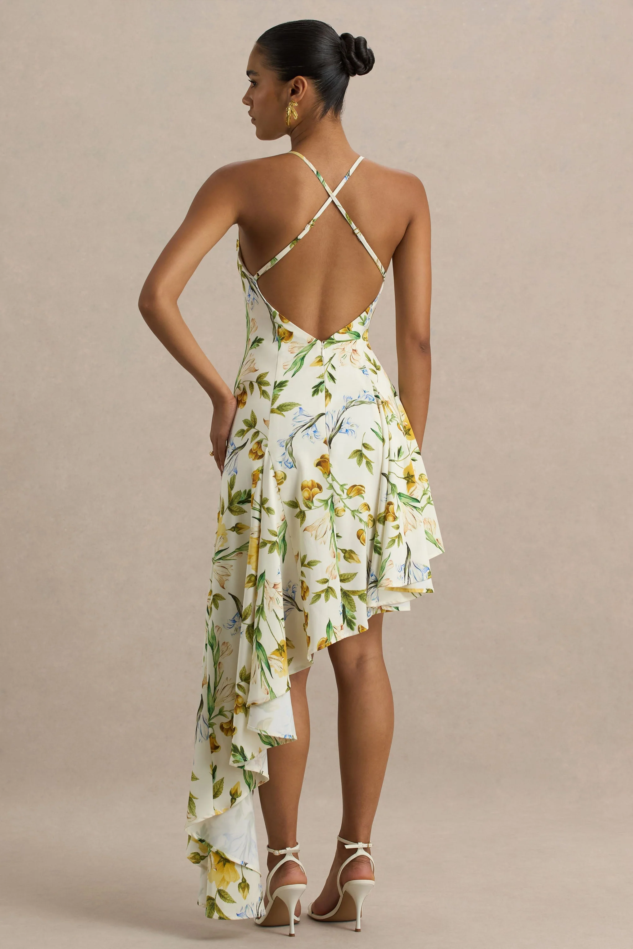 Glint | Lemon Floral Print Satin Plunge-Neck Maxi Dress With Asymmetric Hem - Image 2