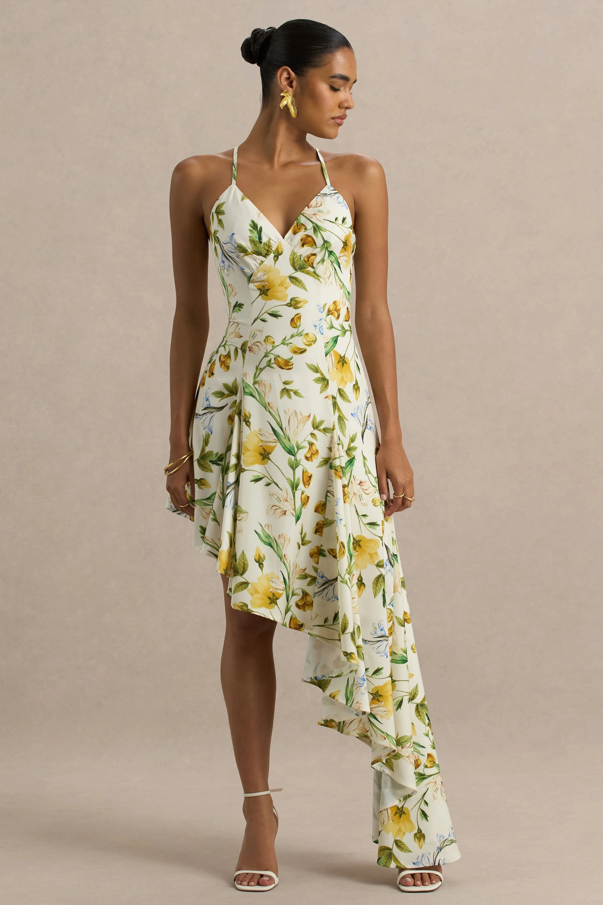 Glint | Lemon Floral Print Satin Plunge-Neck Maxi Dress With Asymmetric Hem - Image 4