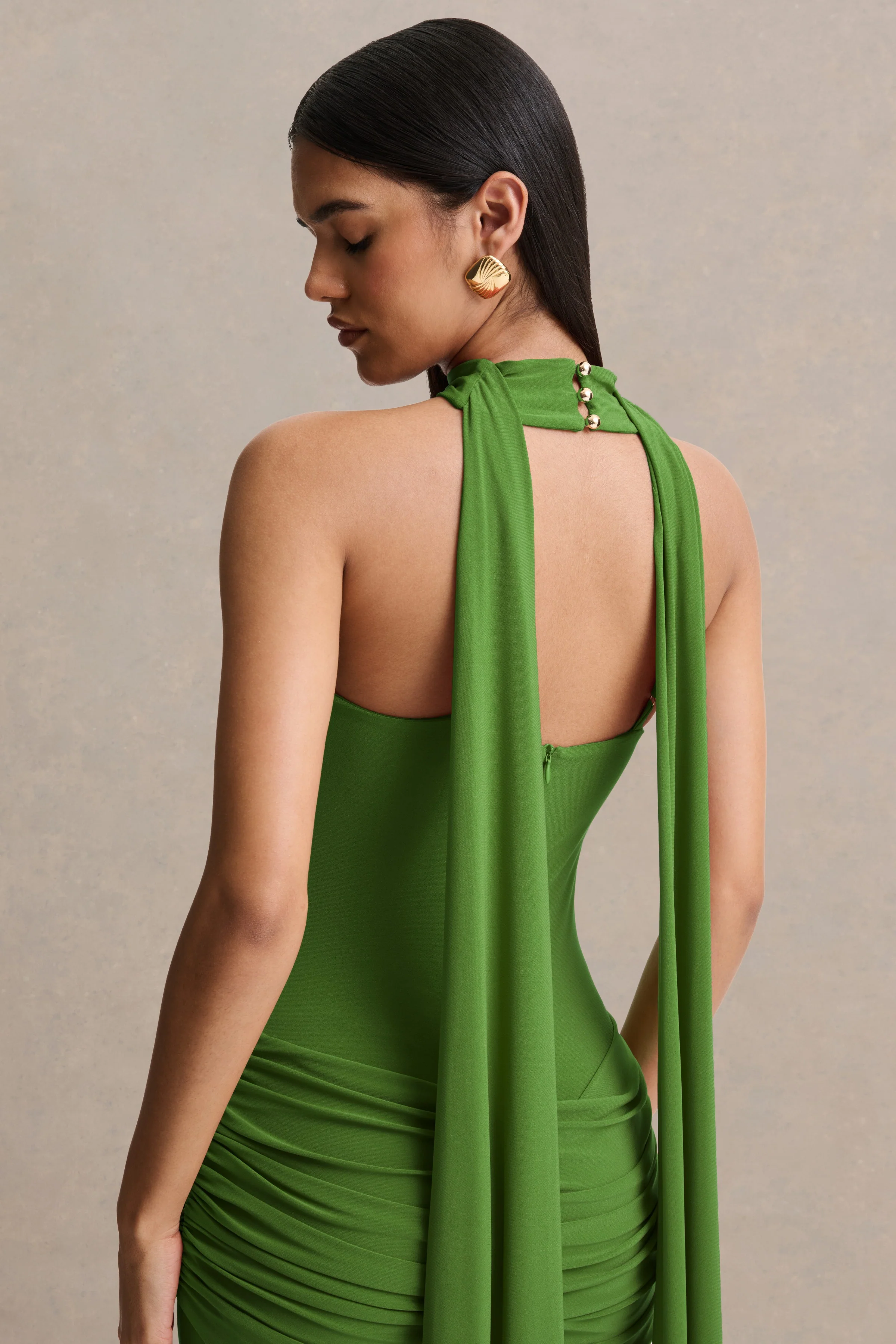 Graciella | Green Bandeau Maxi Dress With Draped Detailing And Scarf - Image 5