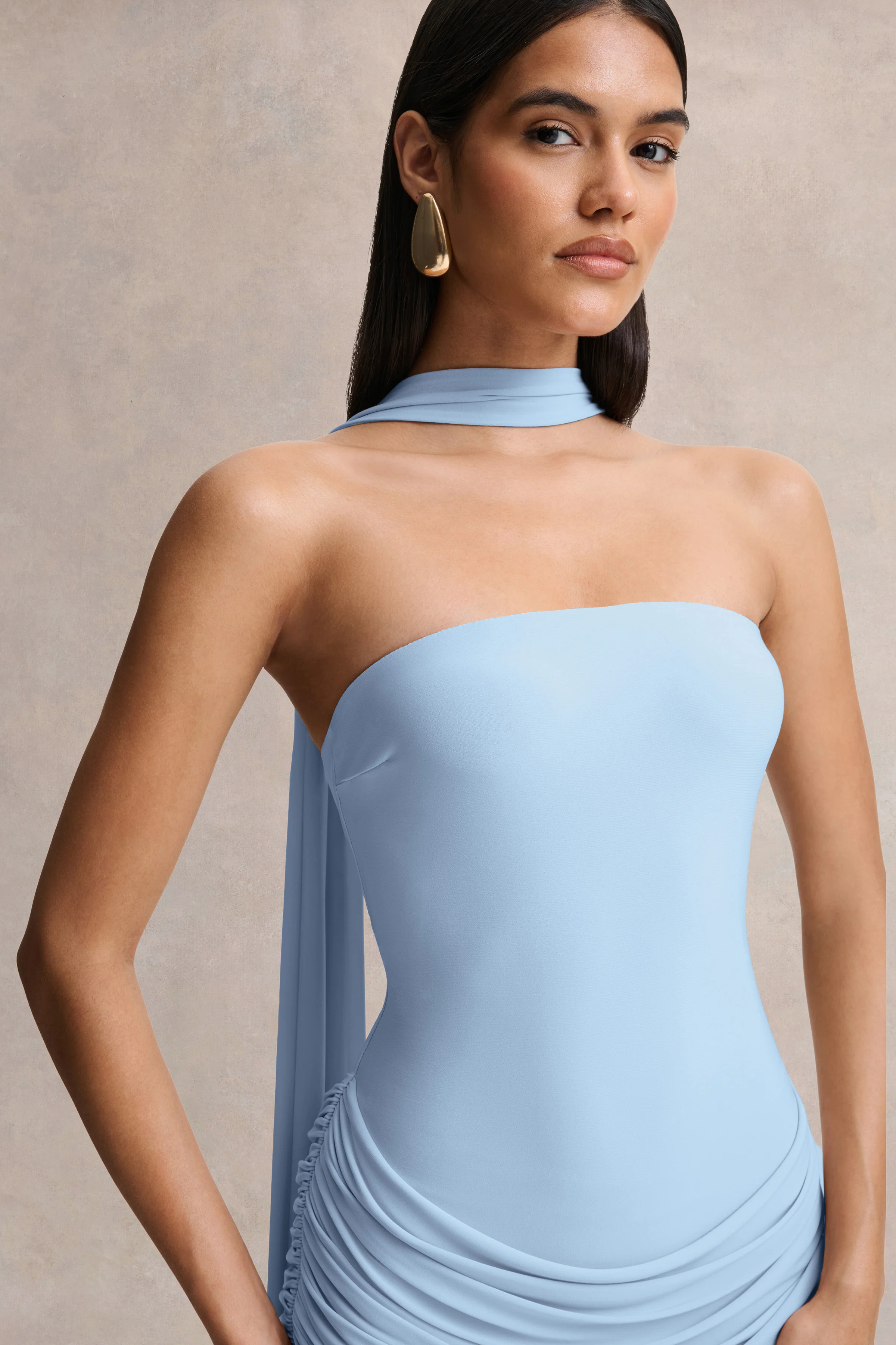 Graciella | Light Blue Bandeau Maxi Dress With Draped Detailing And Scarf - Image 5