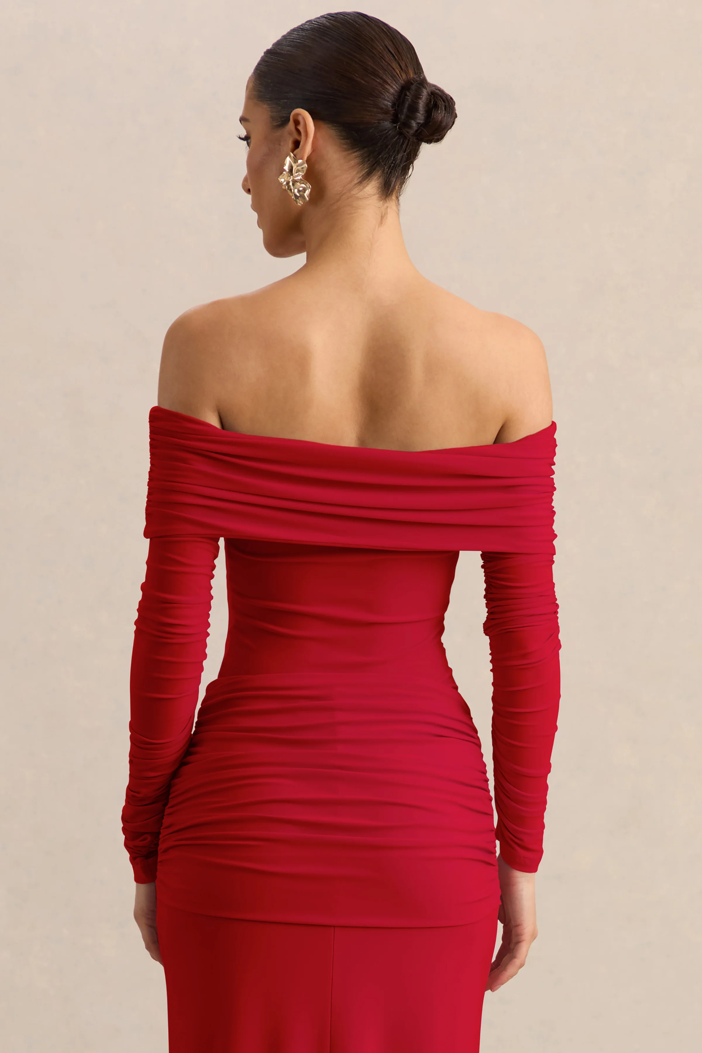 Helia | Red Bardot Neck Thong Bodysuit With Ruched Long Sleeves - Image 2