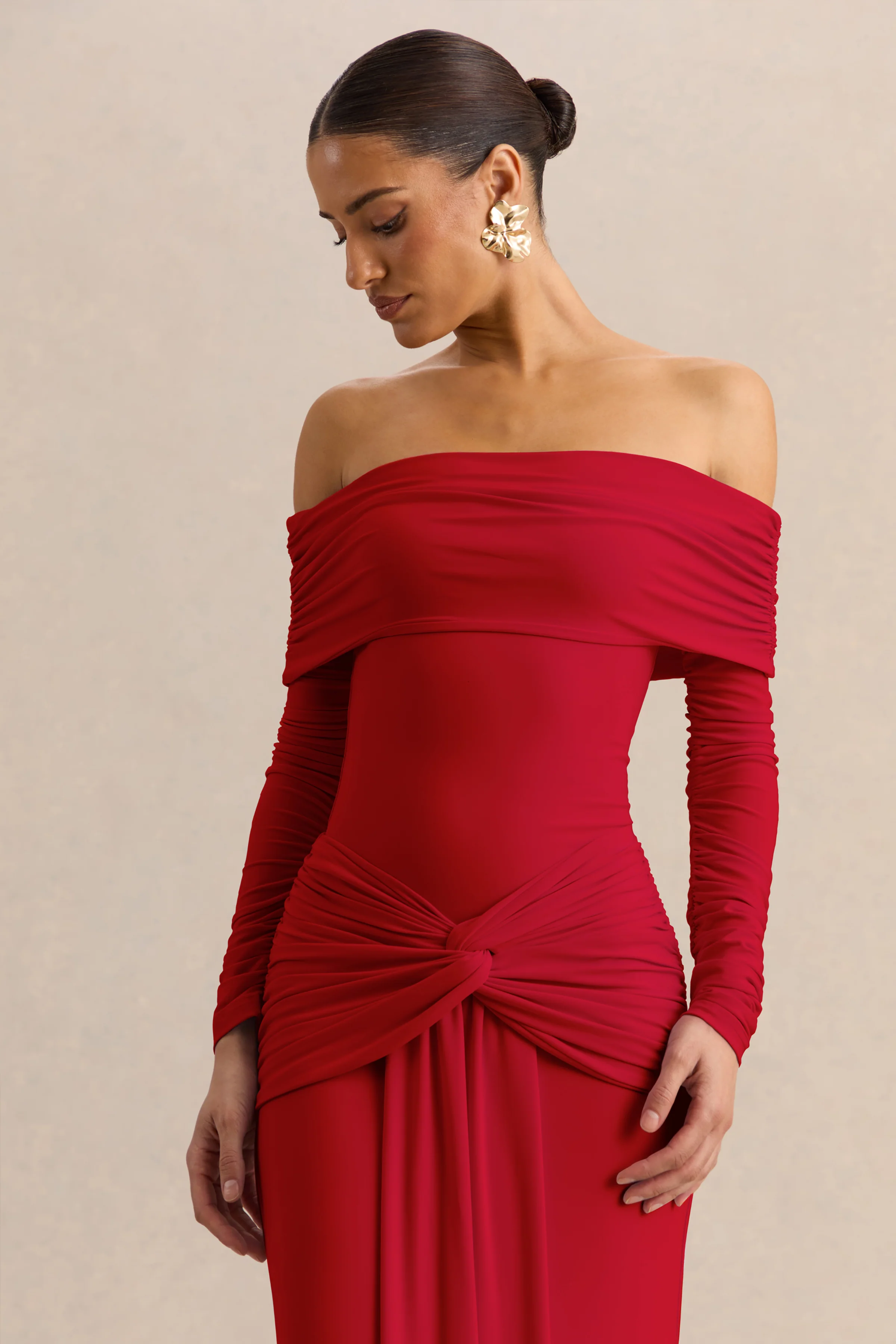 Helia | Red Bardot Neck Thong Bodysuit With Ruched Long Sleeves - Image 3
