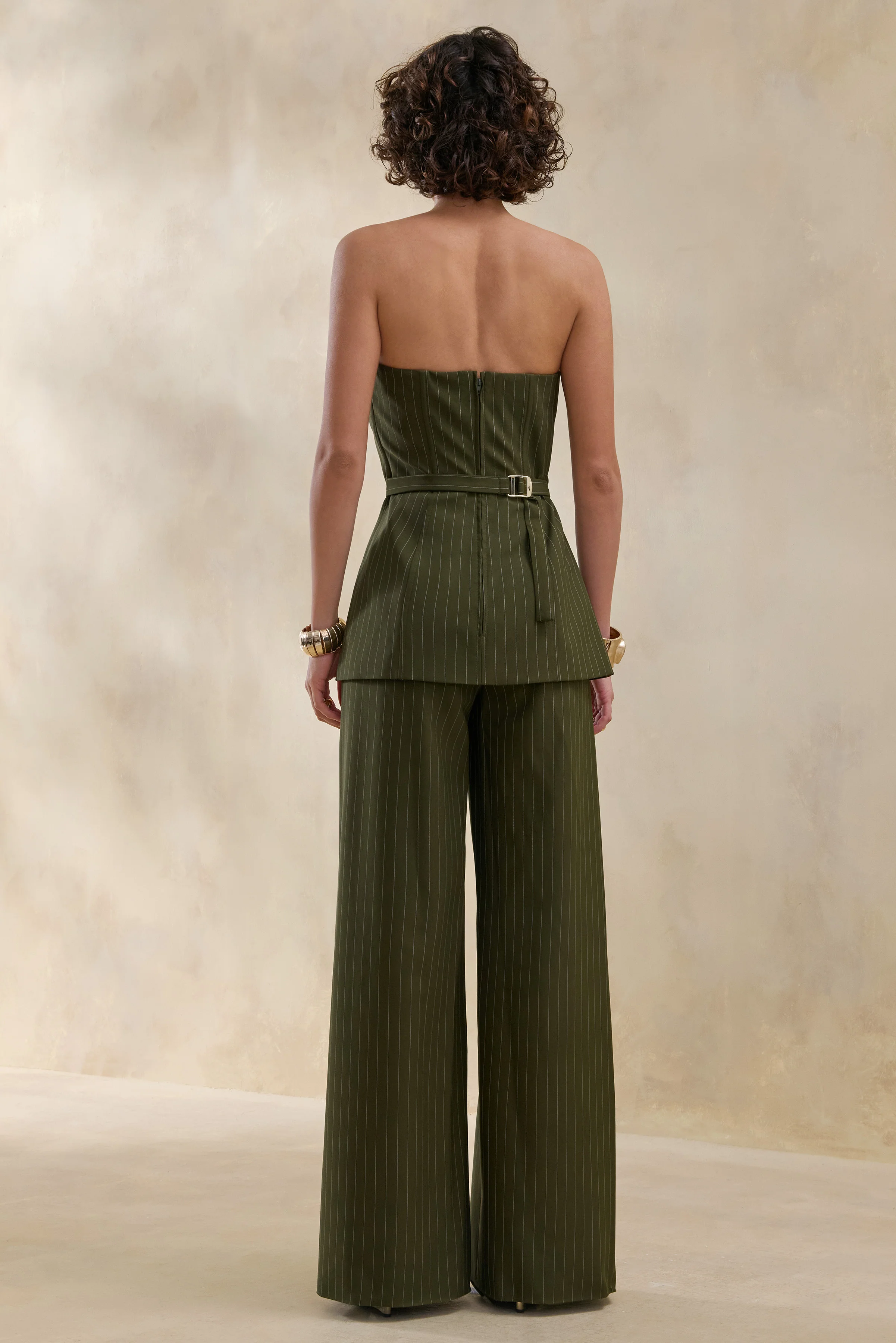 Hesper | Olive Pinstripe Wide-Leg Tailored Trouser - Image 2