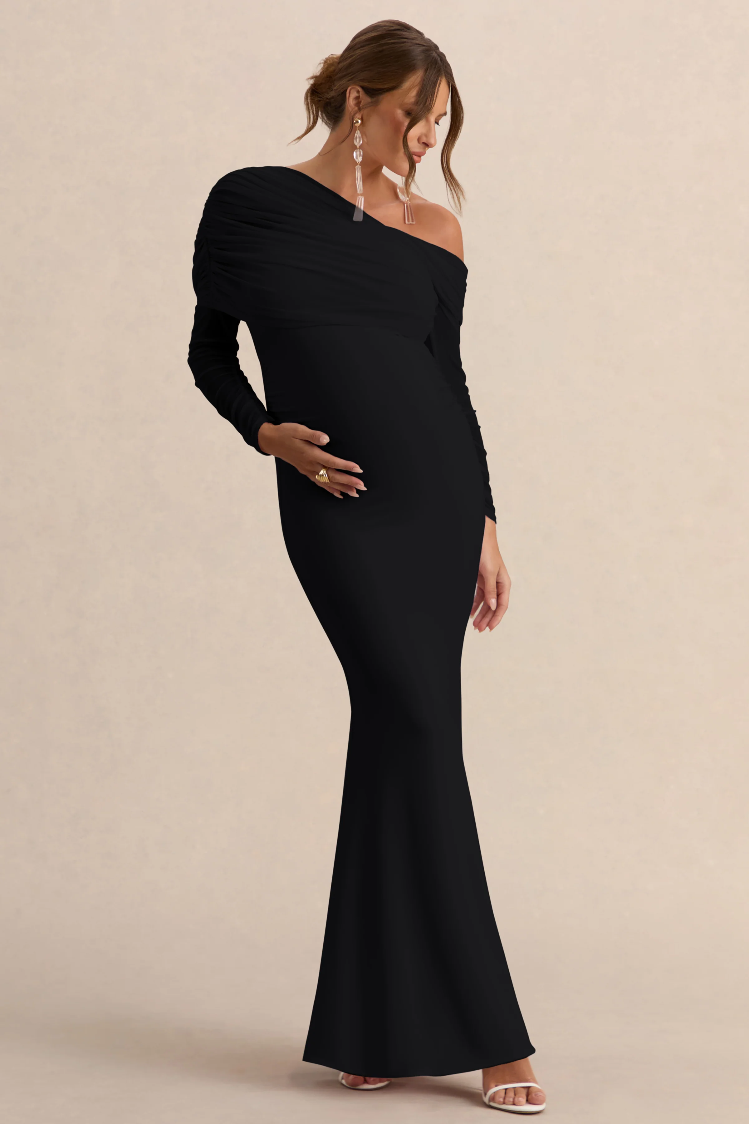 Ianthe | Black Asymmetric-Neck Maternity Maxi Dress With Mesh Long Sleeves - Image 4