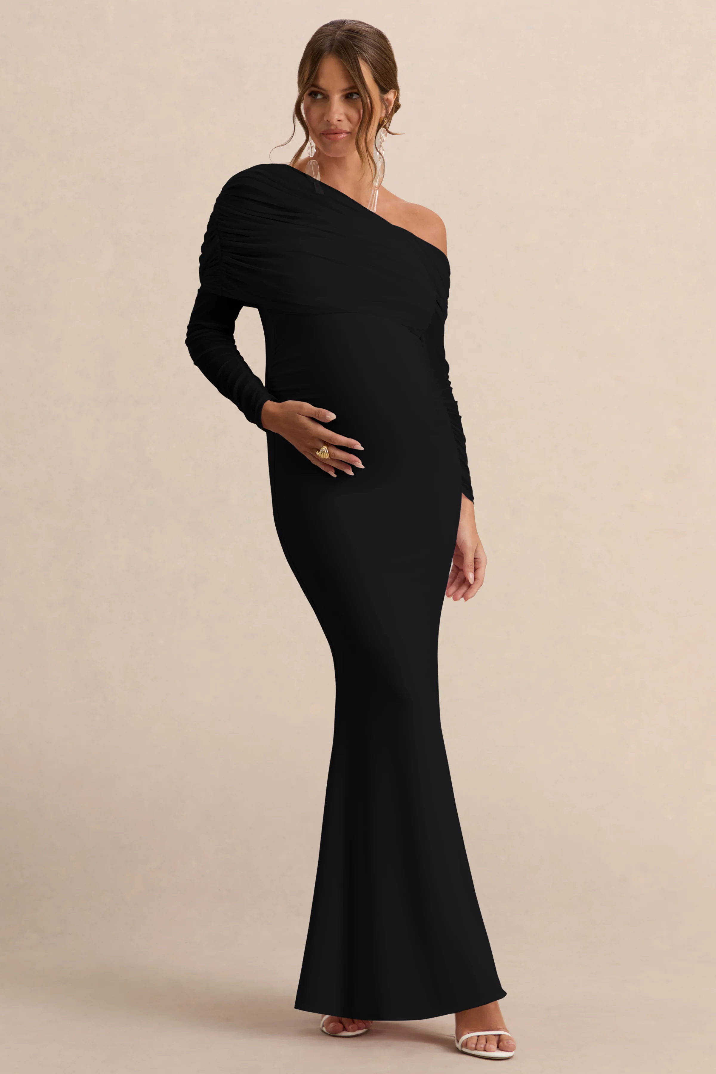 Ianthe | Black Asymmetric-Neck Maternity Maxi Dress With Mesh Long Sleeves - Image 6