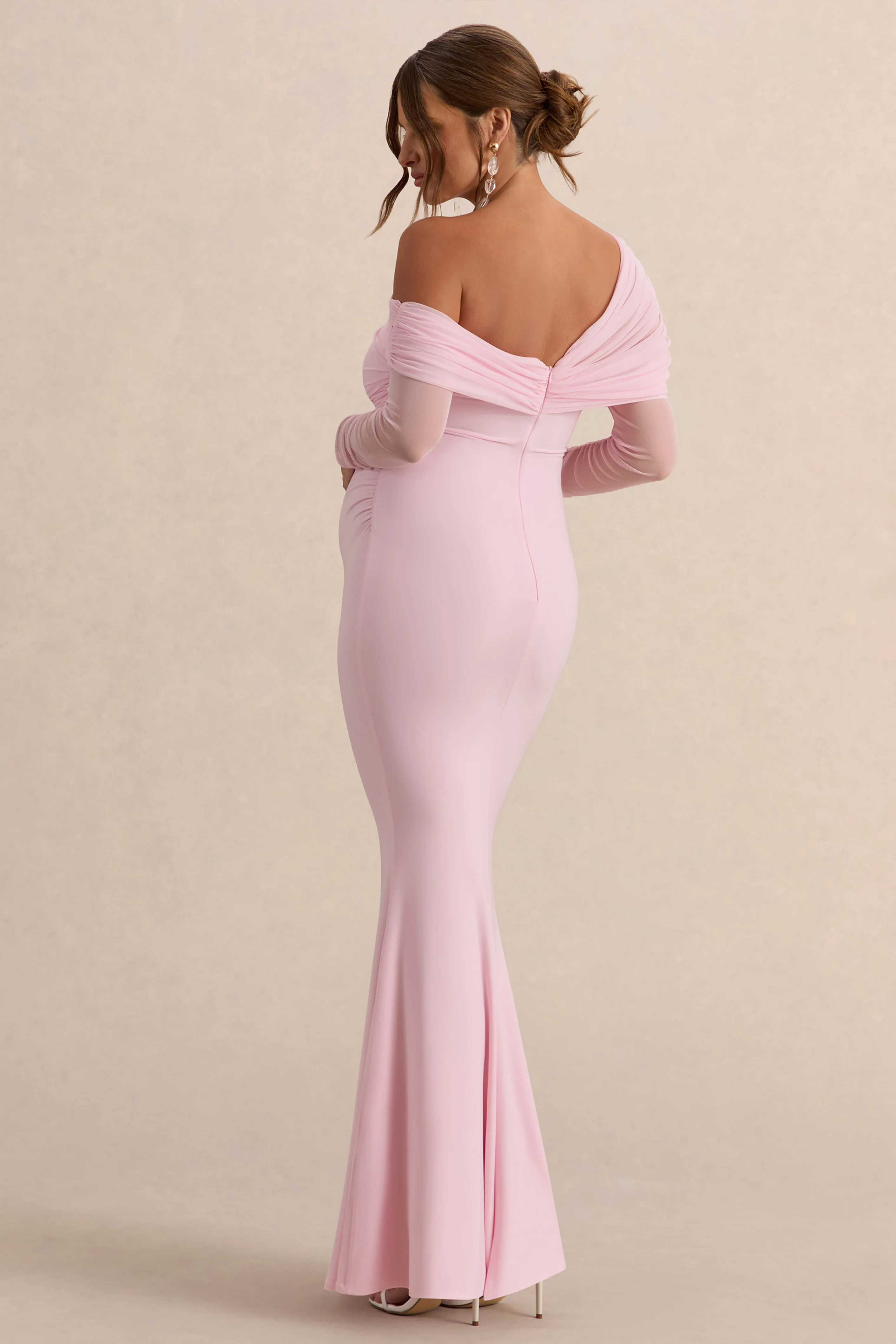 Ianthe | Light Pink Asymmetric-Neck Maternity Maxi Dress With Mesh Long Sleeves - Image 2