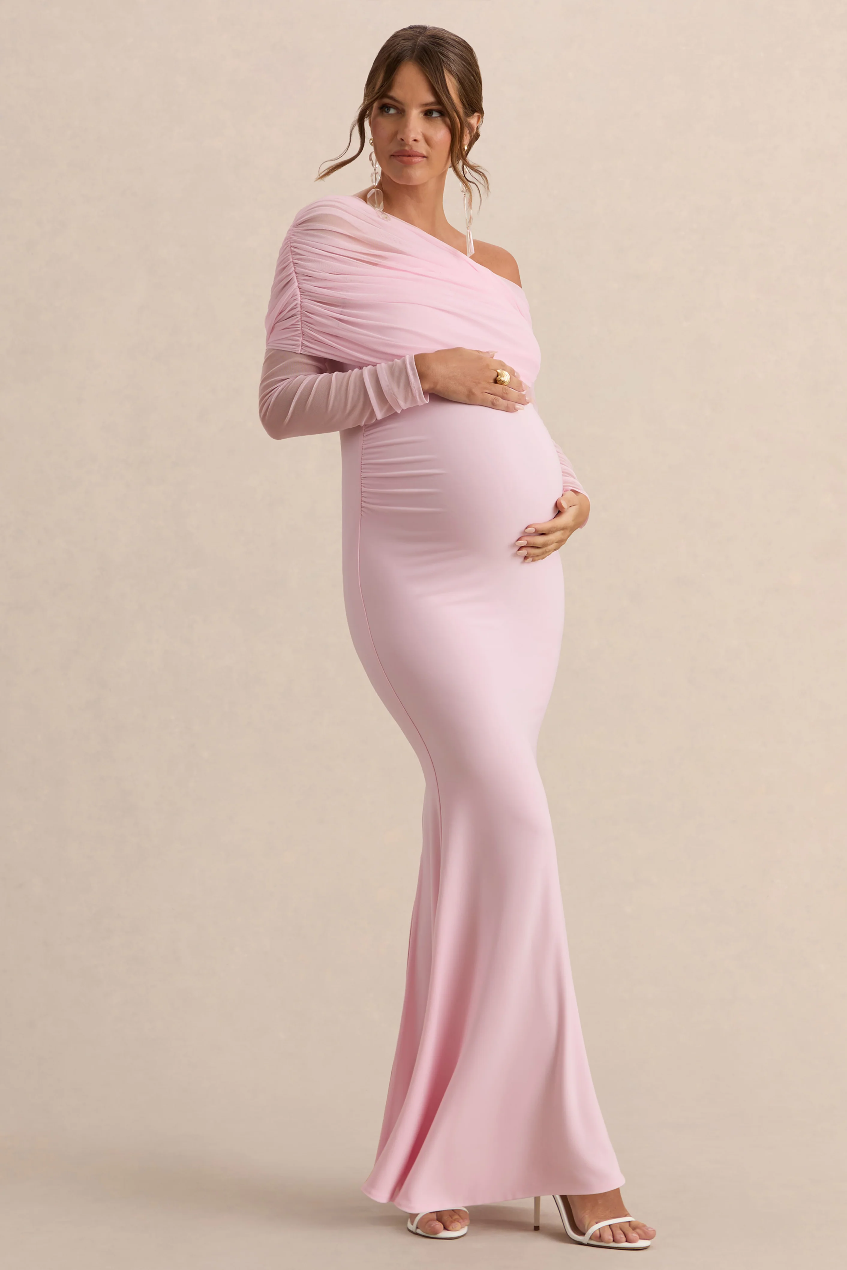 Ianthe | Light Pink Asymmetric-Neck Maternity Maxi Dress With Mesh Long Sleeves - Image 5