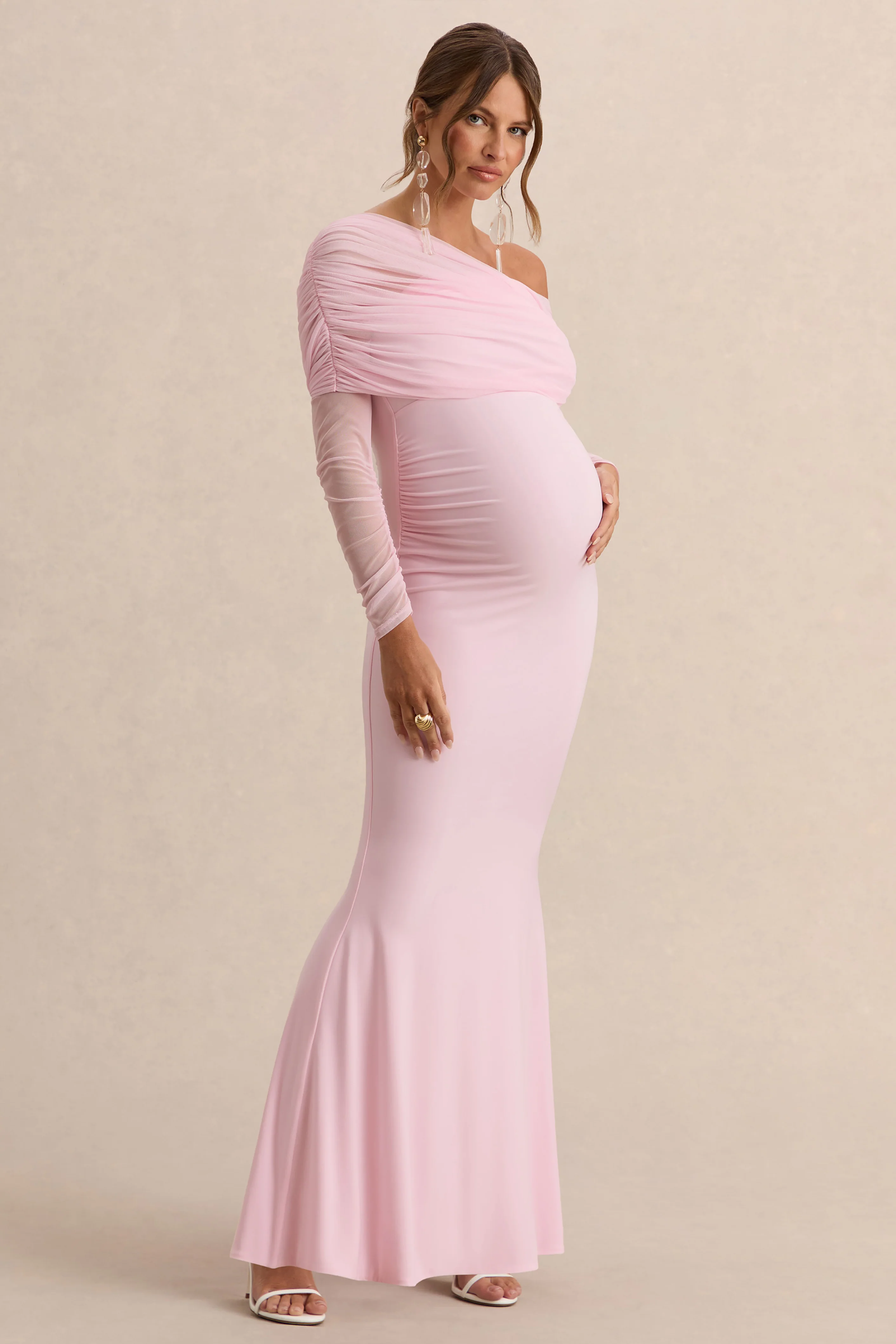 Ianthe | Light Pink Asymmetric-Neck Maternity Maxi Dress With Mesh Long Sleeves - Image 6