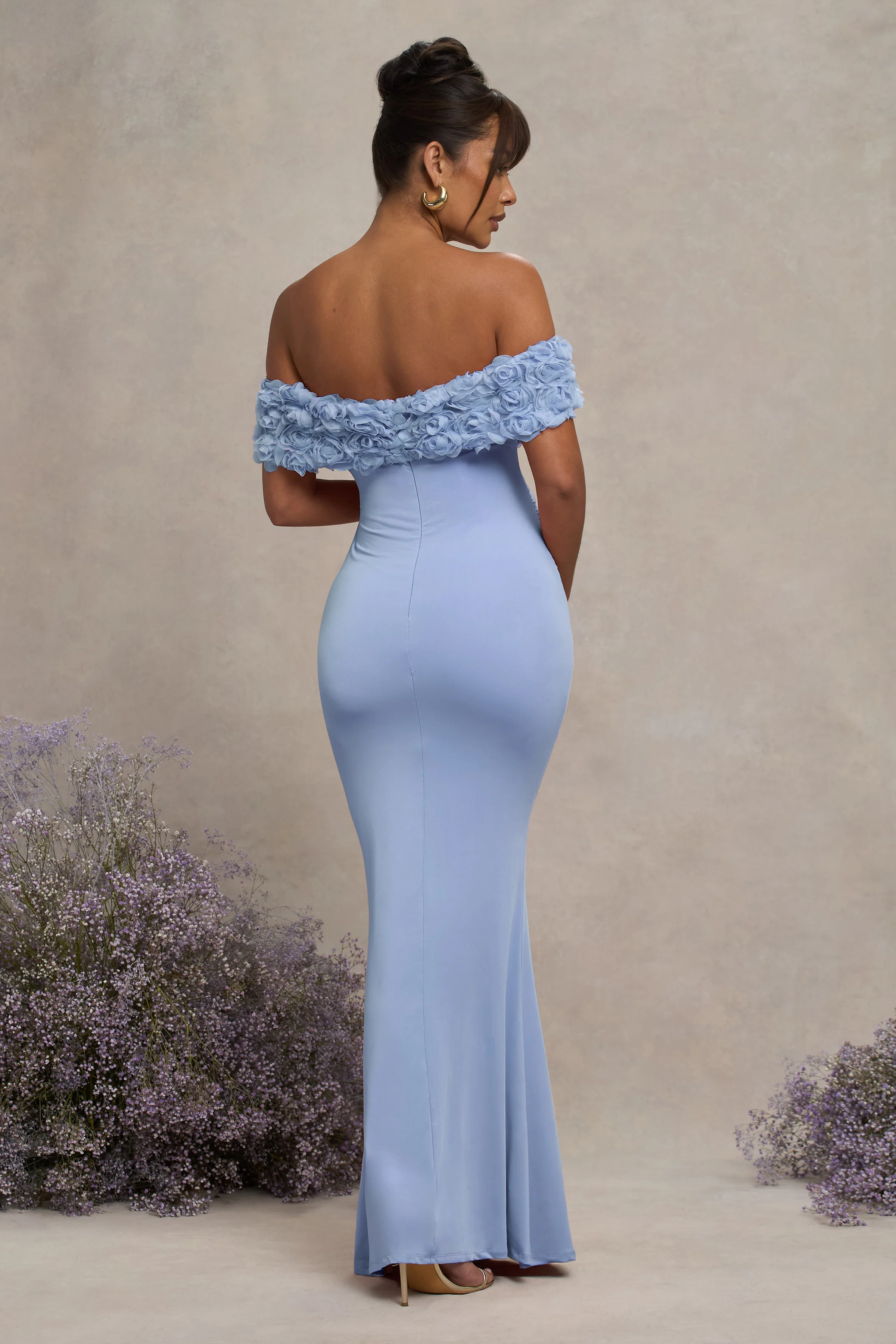 Inflorescence | Powder Blue Mesh Floral Bardot Maternity Maxi Dress - Image 2