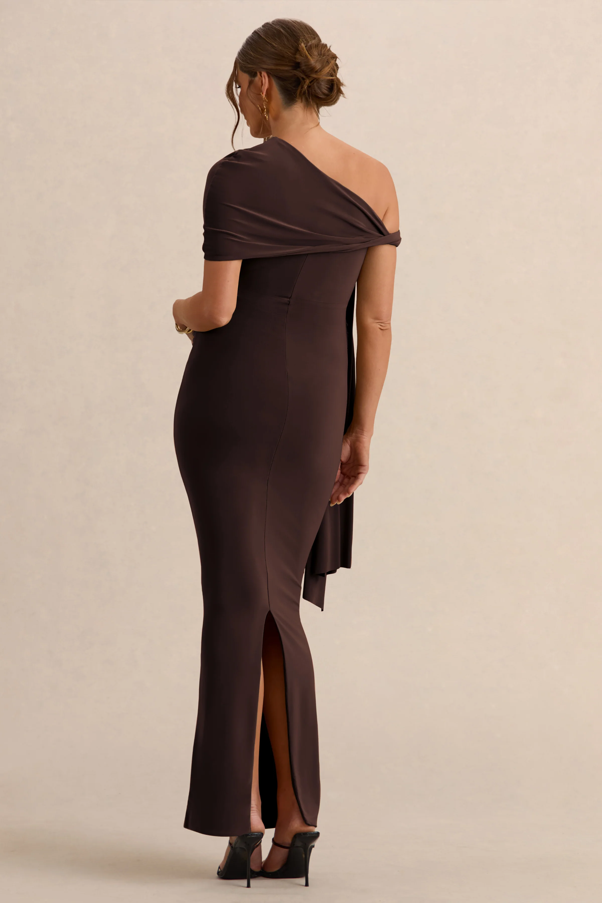 Isela | Dark Brown Asymmetric-Neck Maternity Maxi Dress With Sash Detail - Image 2