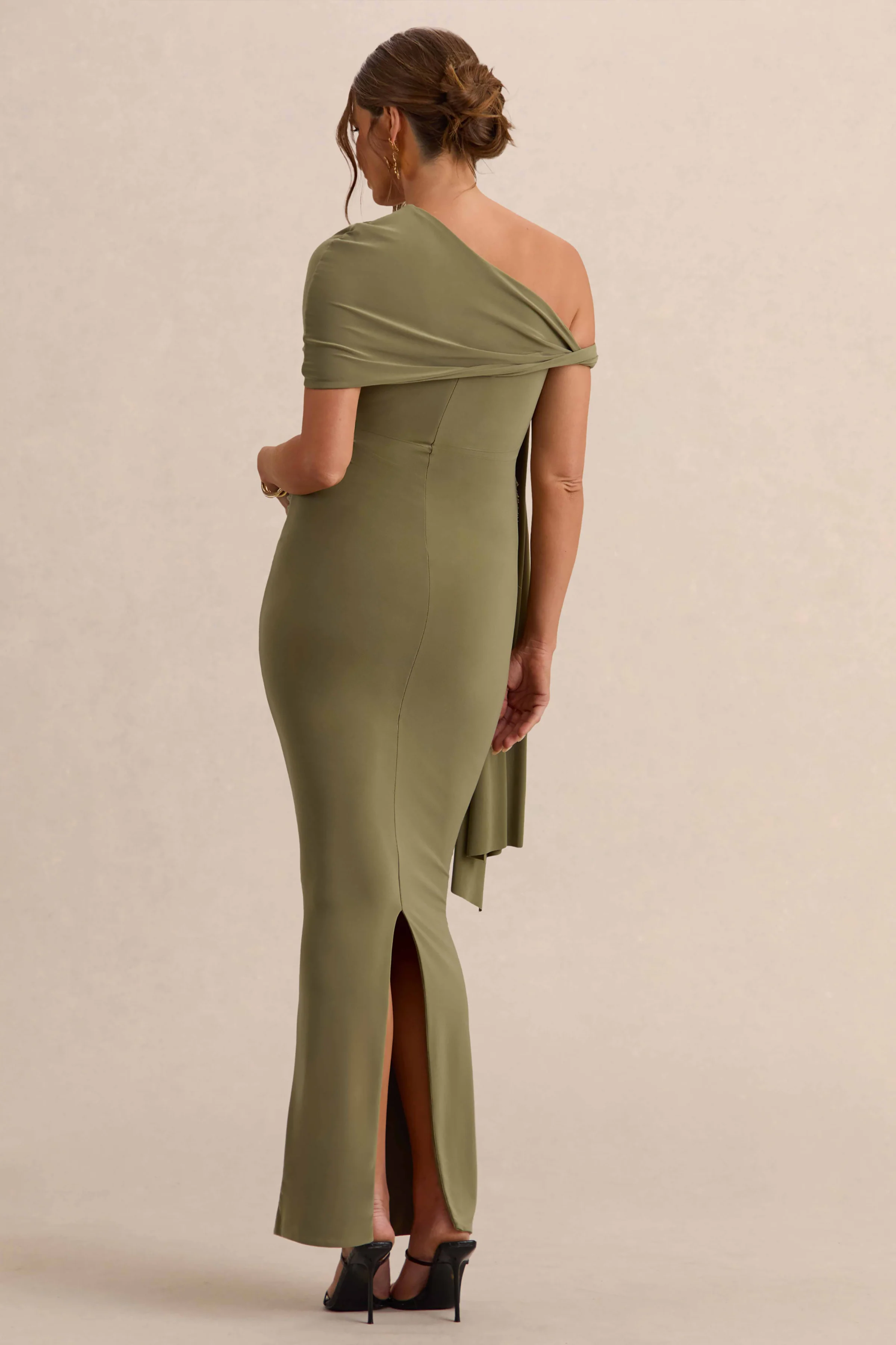 Isela | Khaki Asymmetric-Neck Maternity Maxi Dress With Sash Detail - Image 2