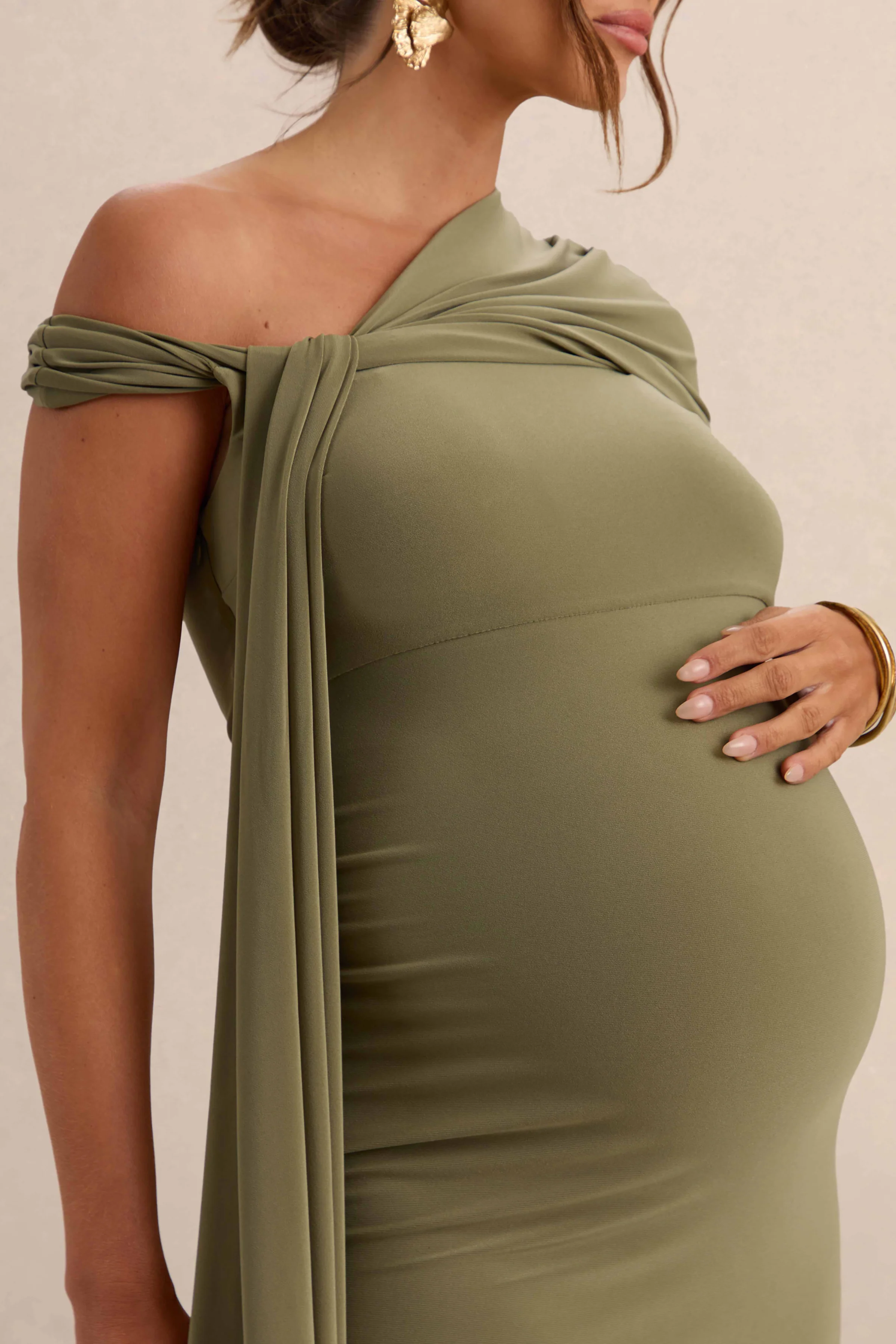 Isela | Khaki Asymmetric-Neck Maternity Maxi Dress With Sash Detail - Image 5