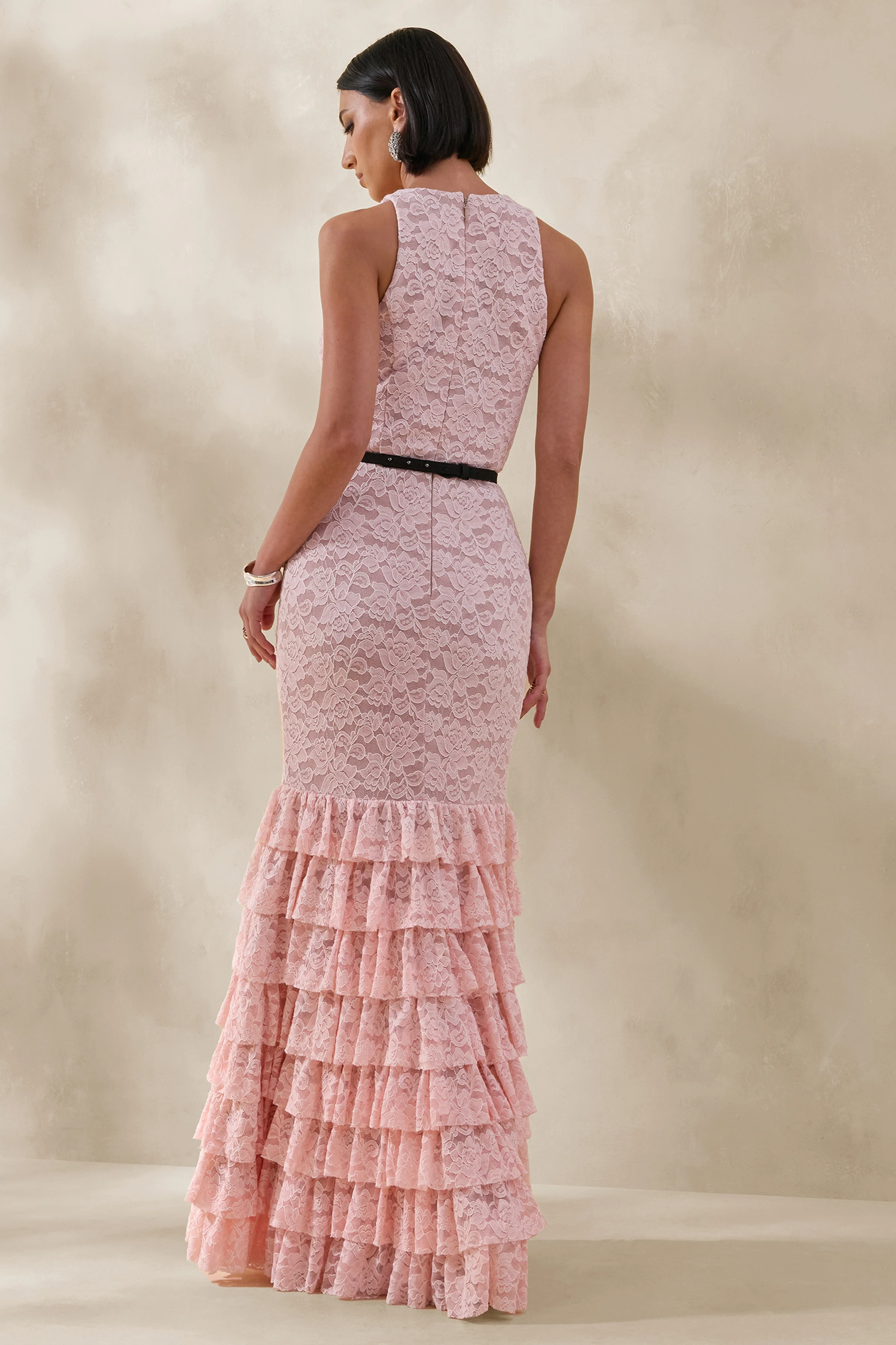 Isoria | Pink And Black Lace Halter-Neck Maxi Dress With Bow-Belt Detail - Image 2