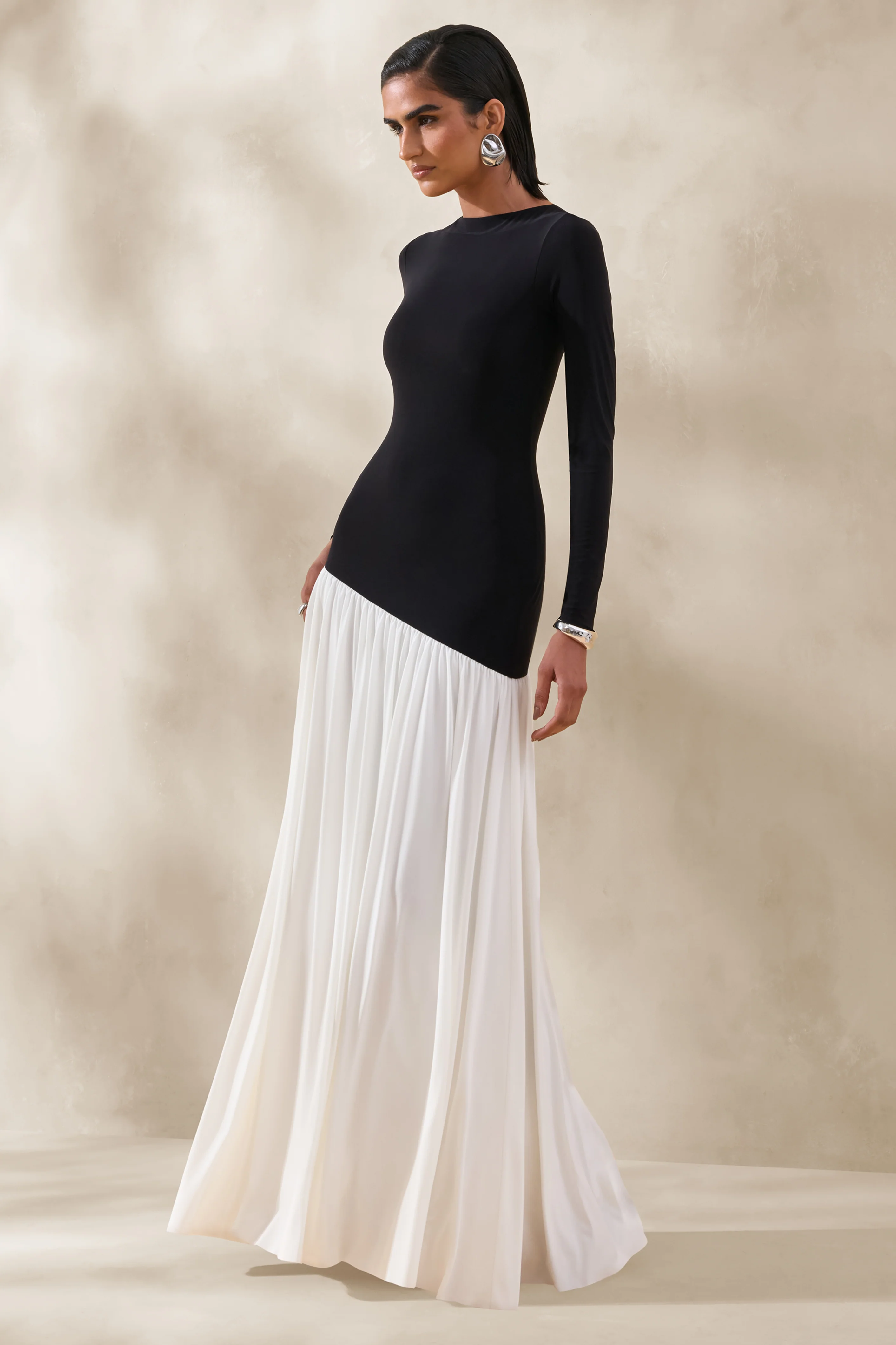 Jasira | Black & White Slashed-Neck Maxi Dress With Asymmetric Drop-Waist - Image 4