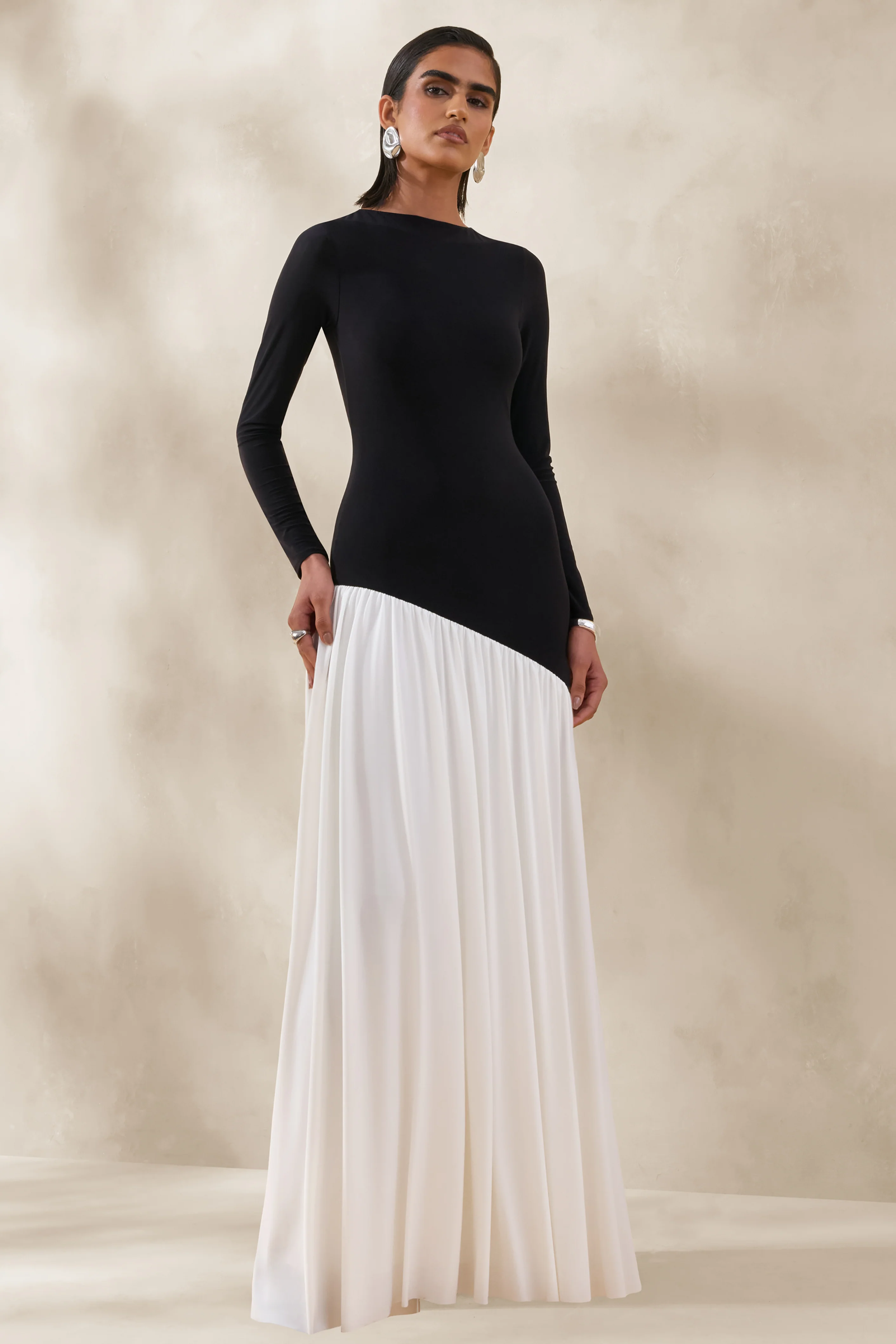 Jasira | Black & White Slashed-Neck Maxi Dress With Asymmetric Drop-Waist - Image 5