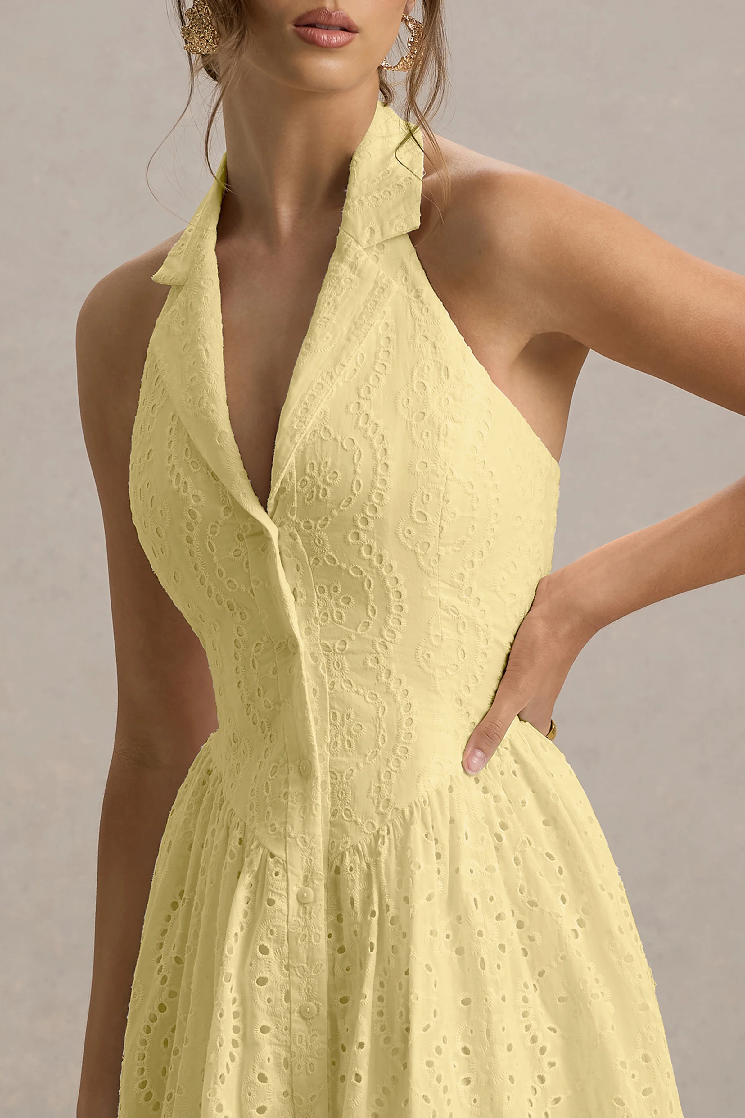 Jezebel | Yellow Lace Plunge-Neck Collared Midi Dress - Image 3