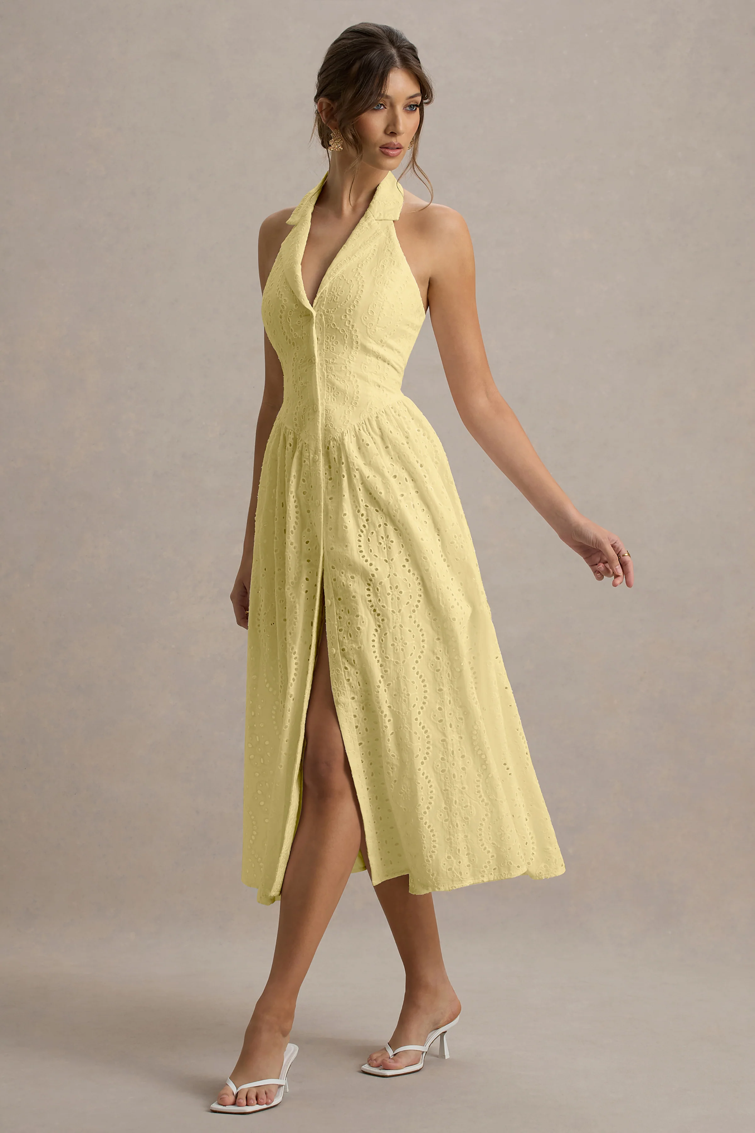 Jezebel | Yellow Lace Plunge-Neck Collared Midi Dress - Image 5