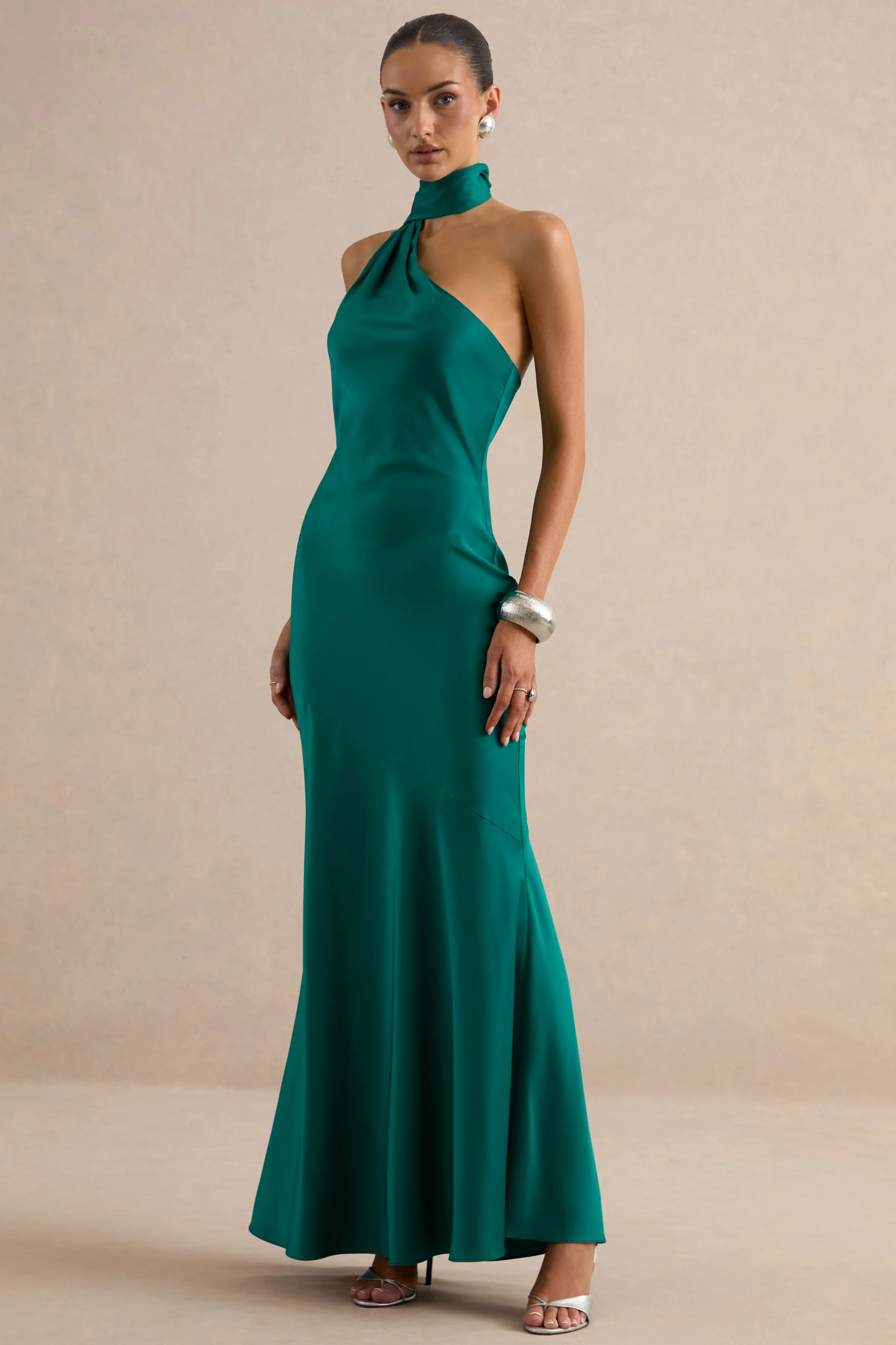 Jorina | Green Satin Asymmetric-Neck Maxi Dress With Scarf Detail - Image 4