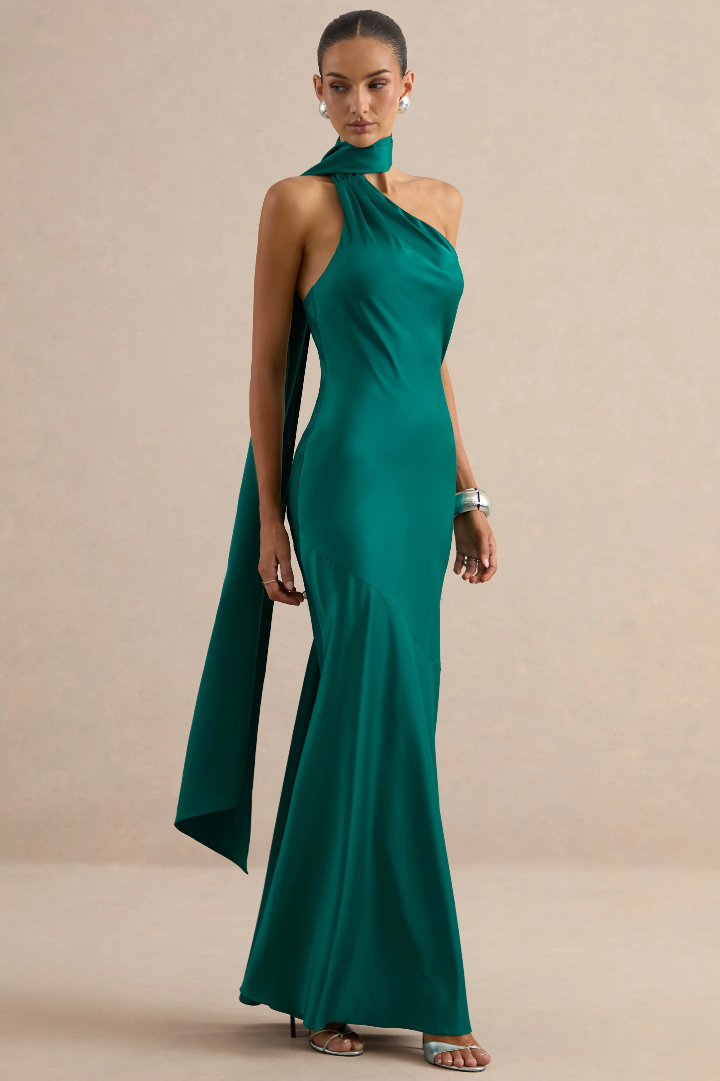 Jorina | Green Satin Asymmetric-Neck Maxi Dress With Scarf Detail - Image 5