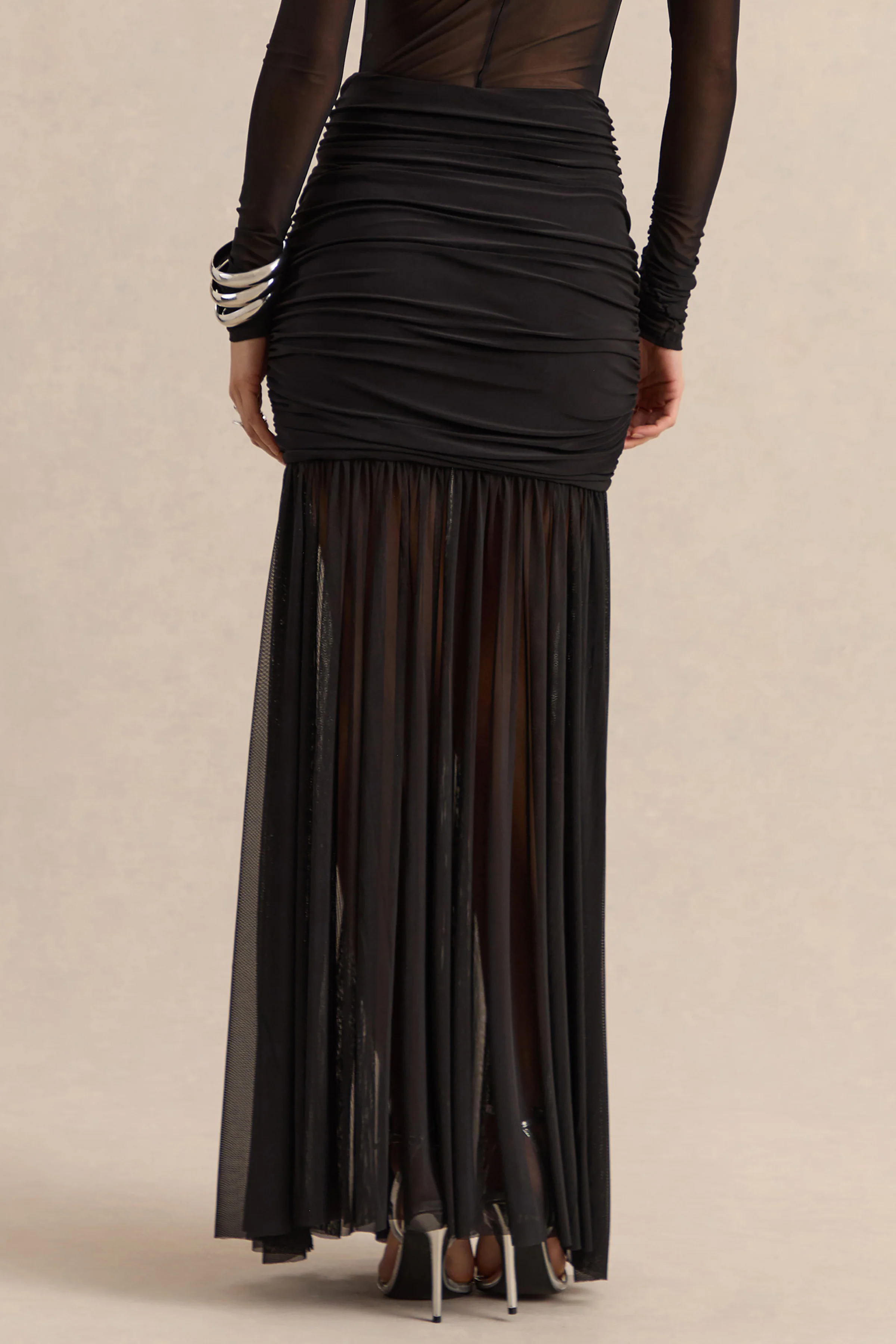 Kallie | Black Twisted Waist Mesh Maxi Skirt - Image 2