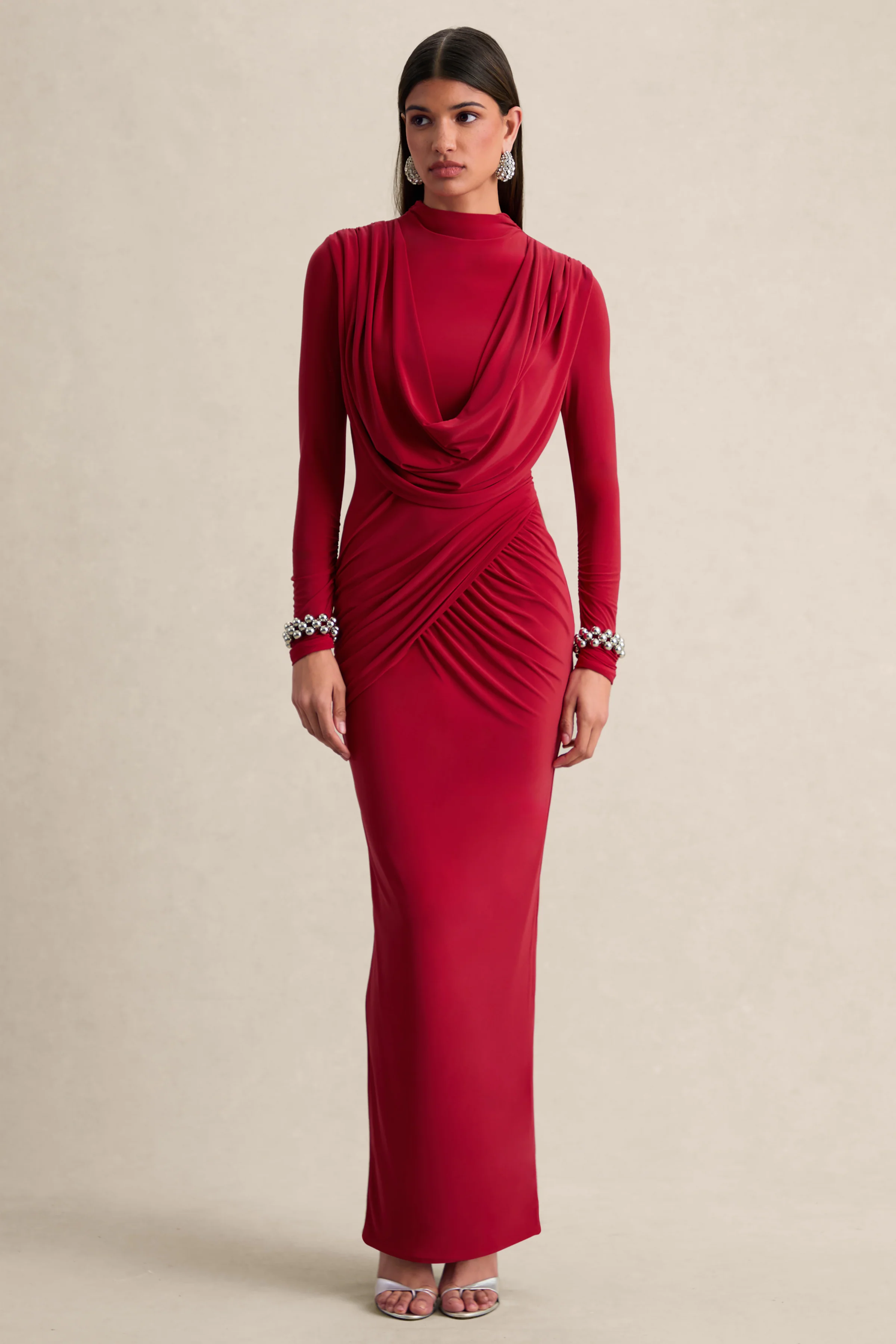 Karinthia | Red High-Neck Maxi Dress With Draped-Detailing