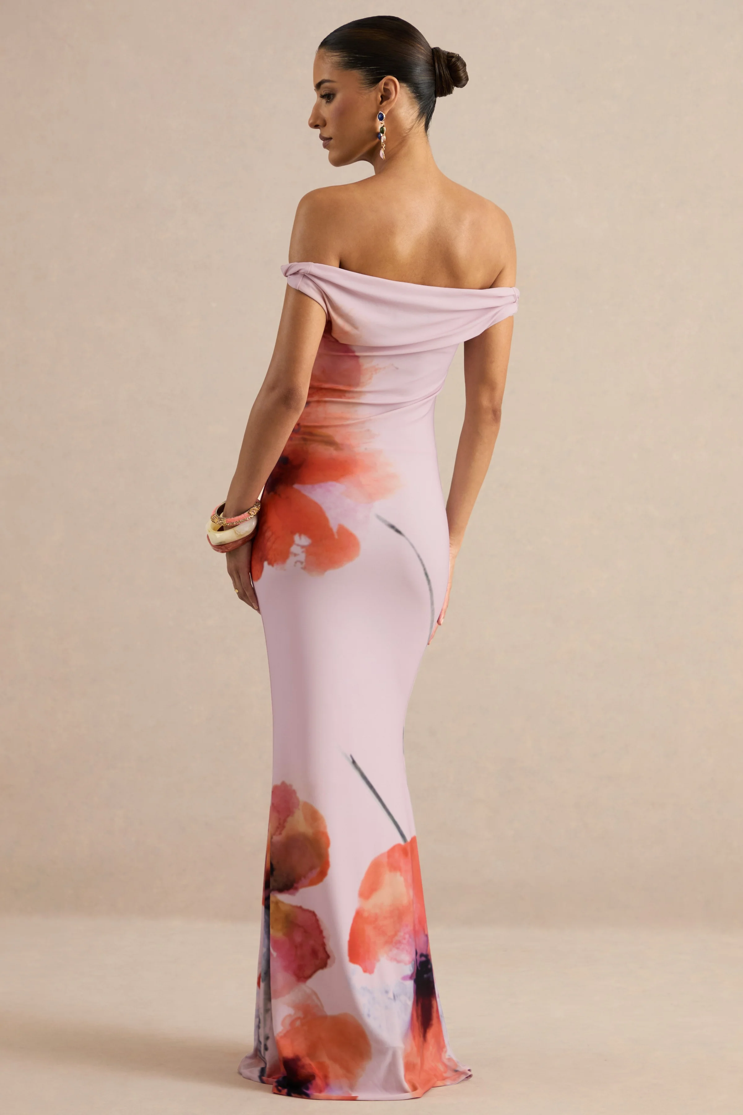Katia | Pink Poppy Print Bardot-Neck Maxi Dress - Image 2