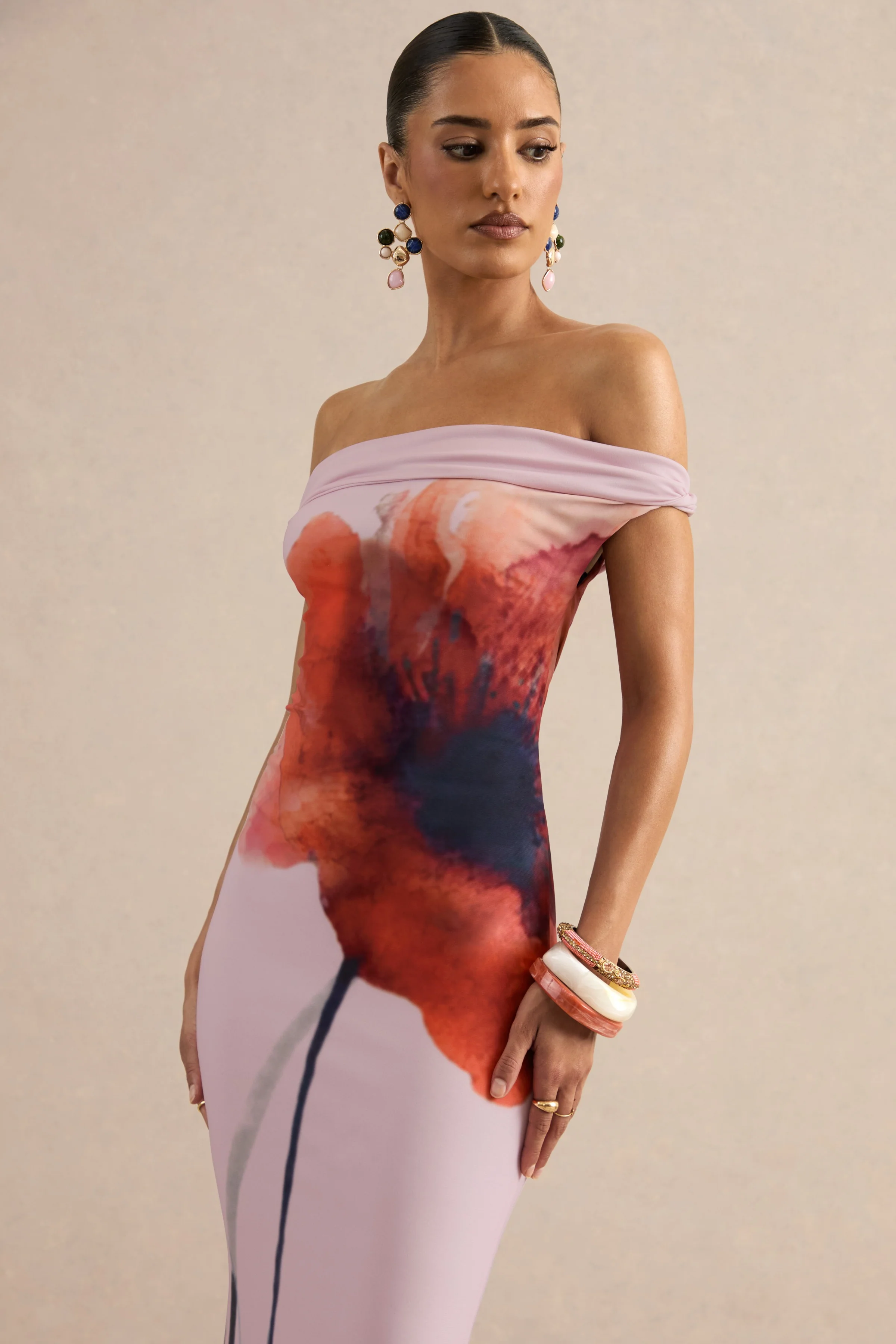 Katia | Pink Poppy Print Bardot-Neck Maxi Dress - Image 3