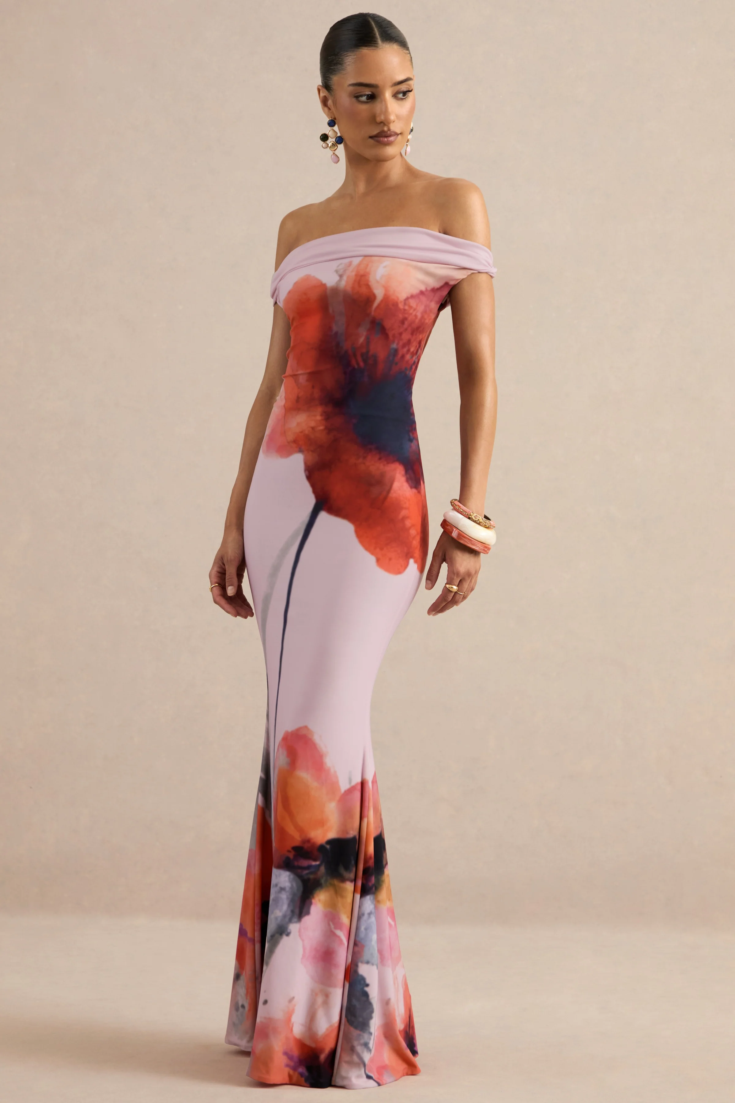 Katia | Pink Poppy Print Bardot-Neck Maxi Dress - Image 4