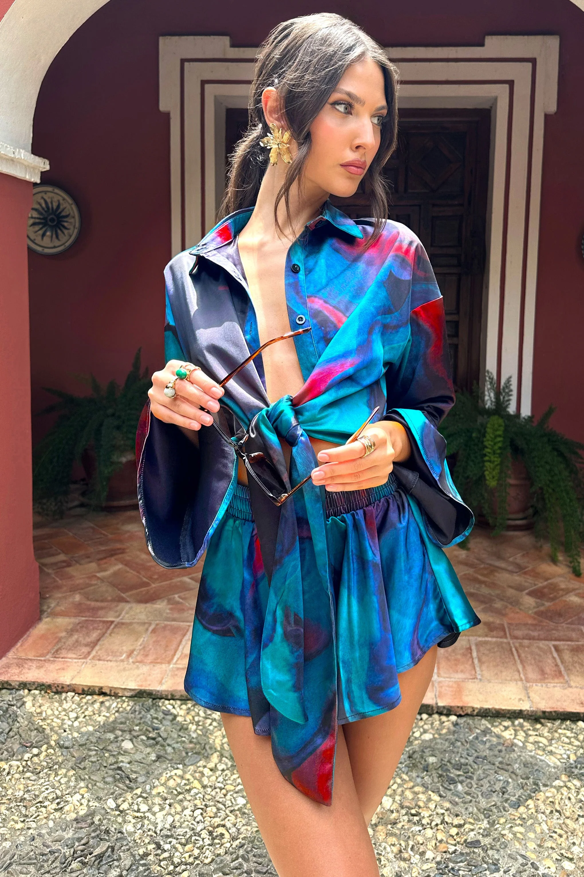 Keep Trying | Blue Print Satin Tie Waist Shorts - Image 2