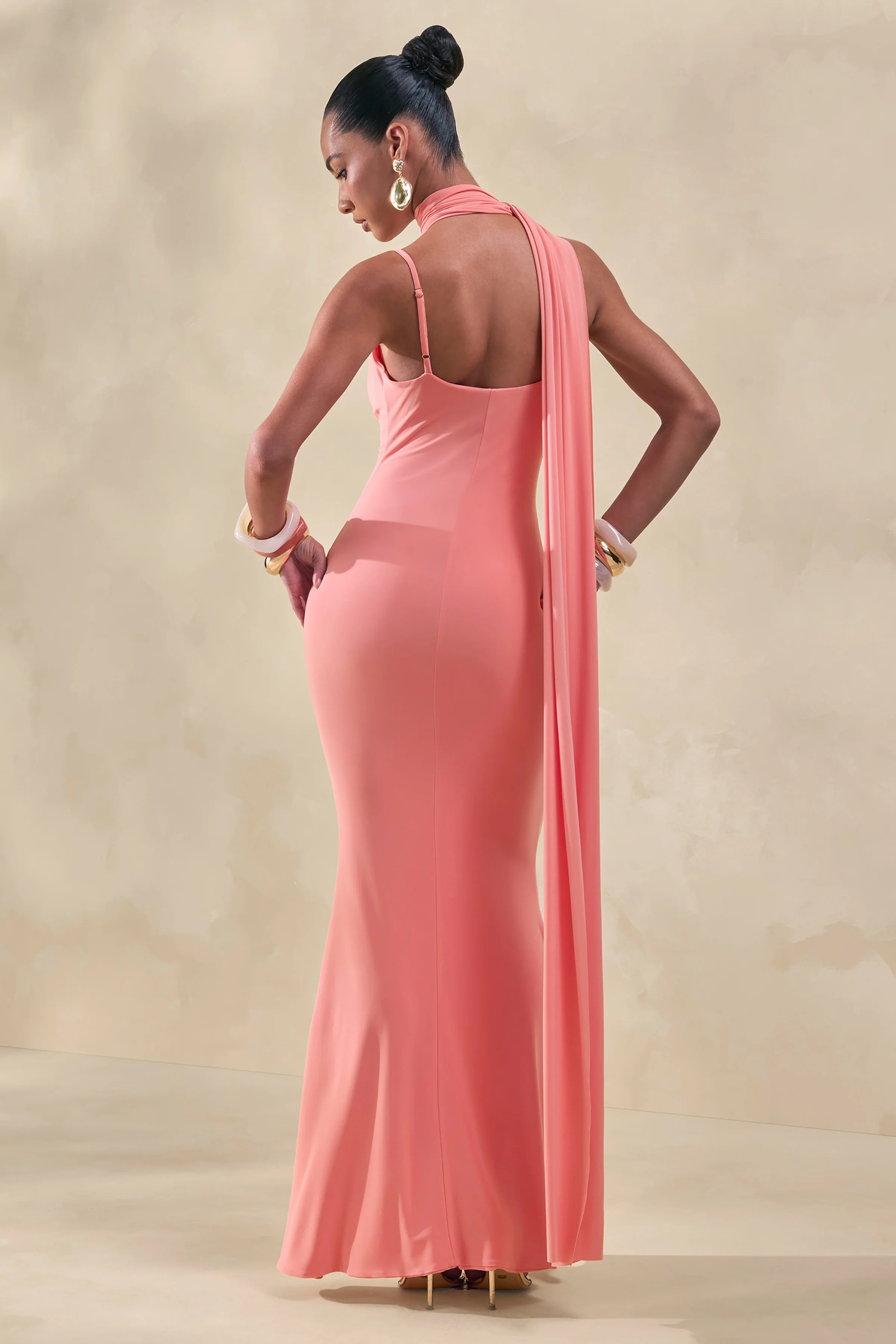 Kenza | Coral Asymmetric-Neck Maxi Dress With Scarf-Detail - Image 2