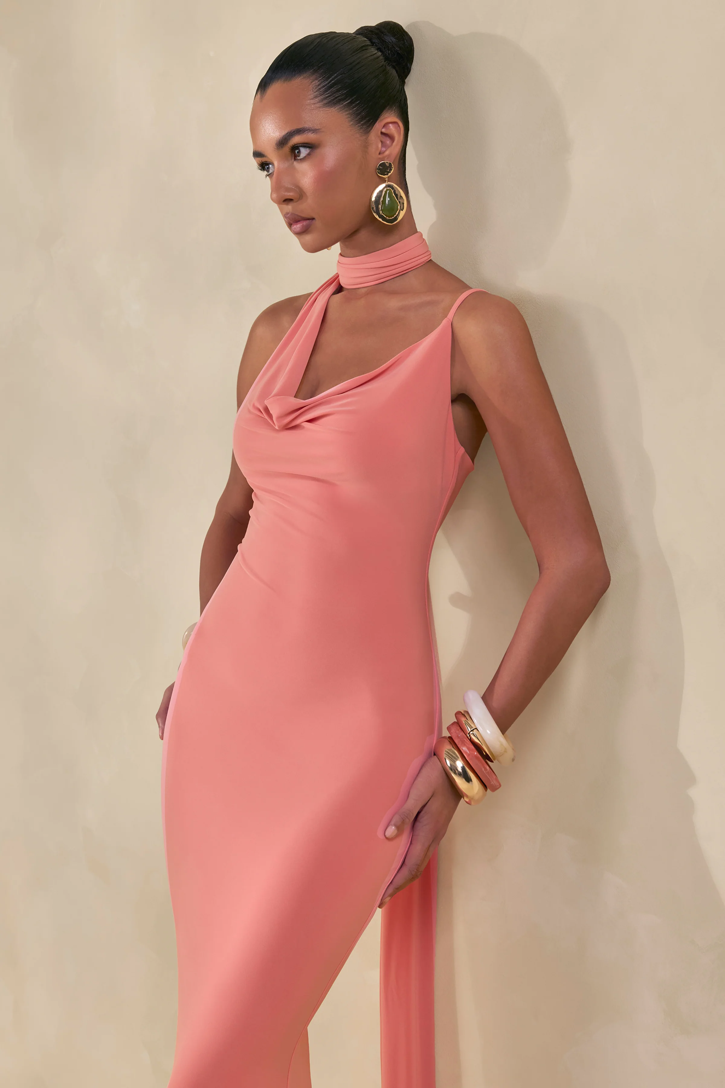 Kenza | Coral Asymmetric-Neck Maxi Dress With Scarf-Detail - Image 3