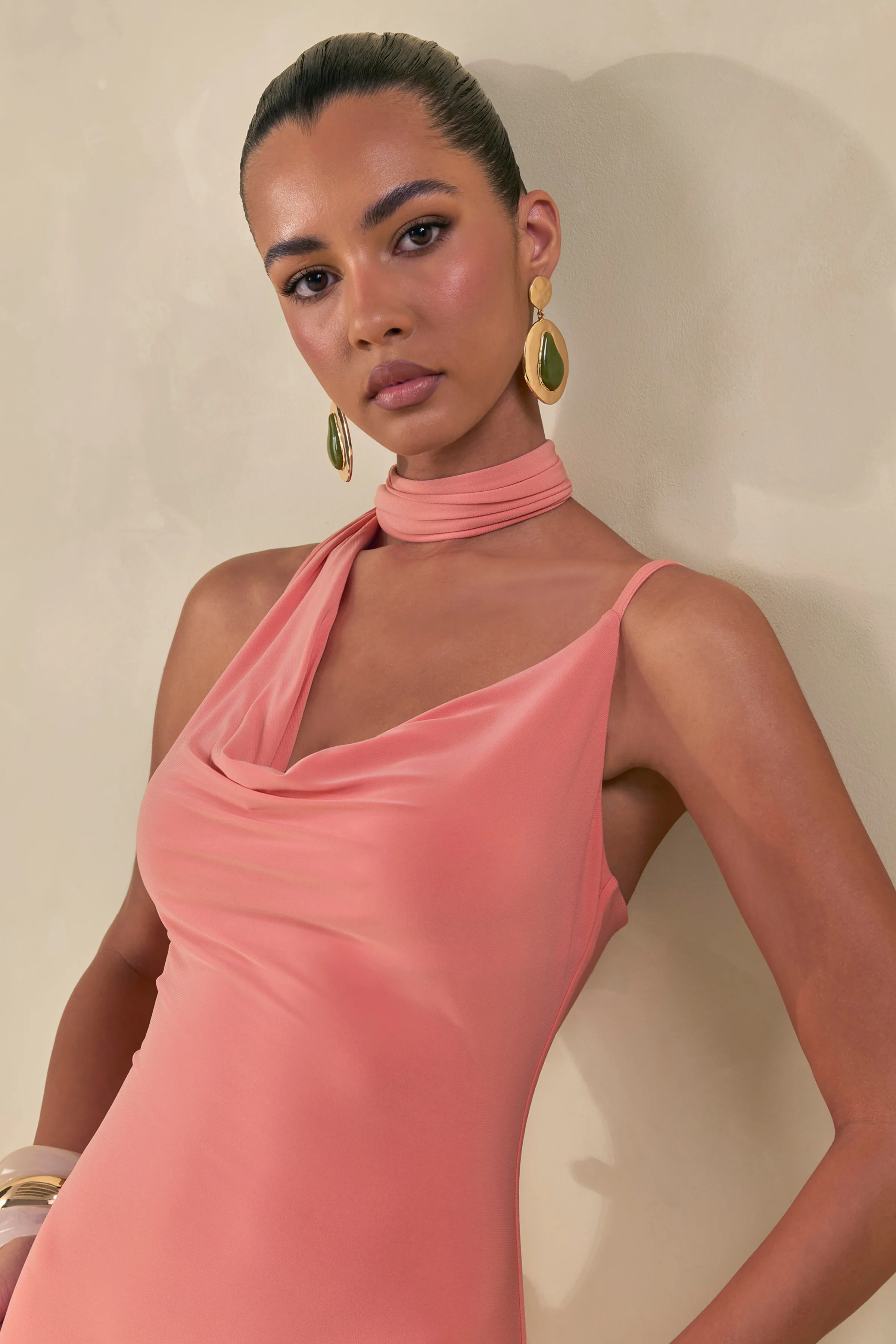 Kenza | Coral Asymmetric-Neck Maxi Dress With Scarf-Detail - Image 7