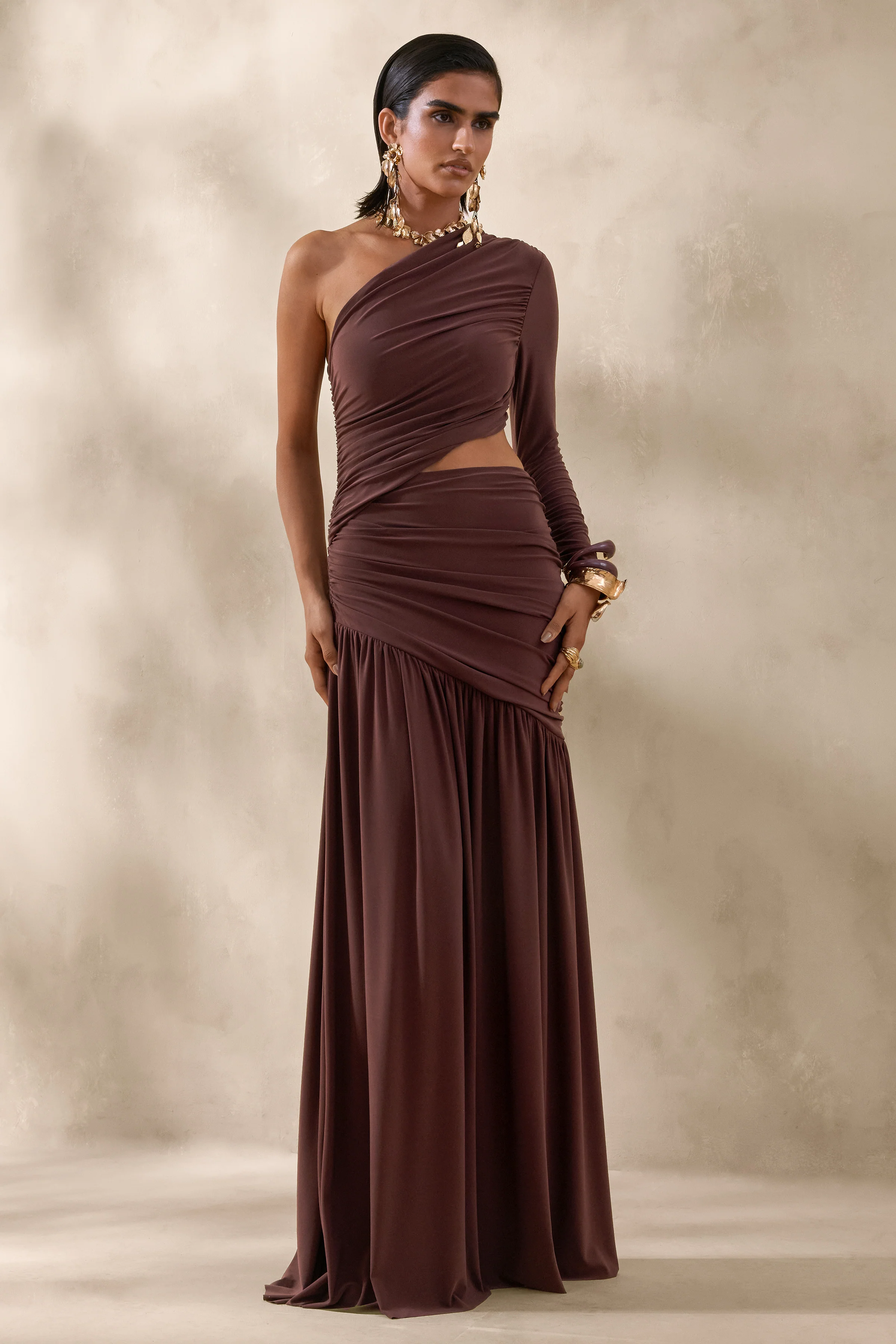 Kinsley | Brown Asymmetric-Neck Maxi Dress With Body Cut-Out Detail - Image 4