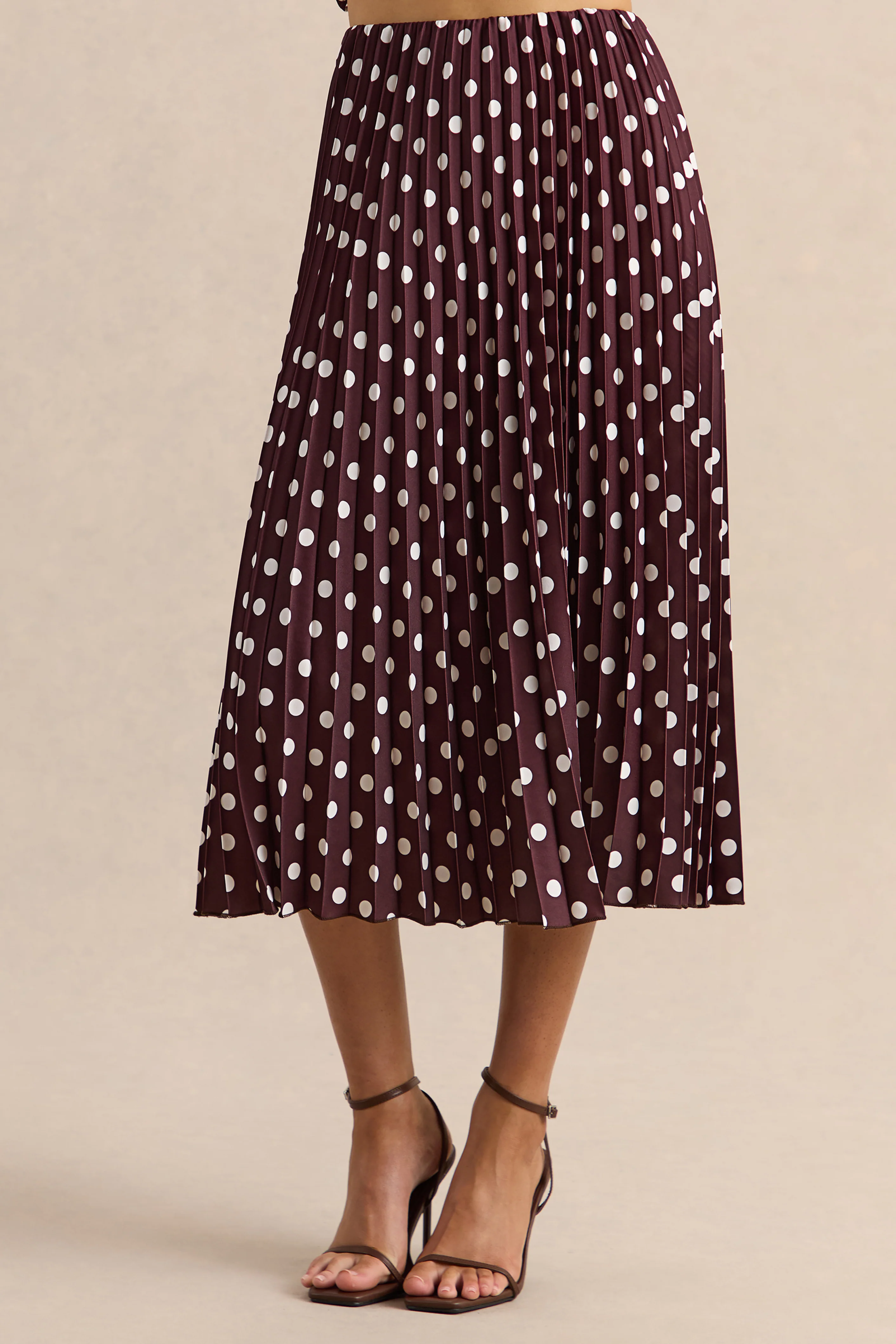 Kiora | Brown Polka-Dot Satin Midi Skirt - Image 2