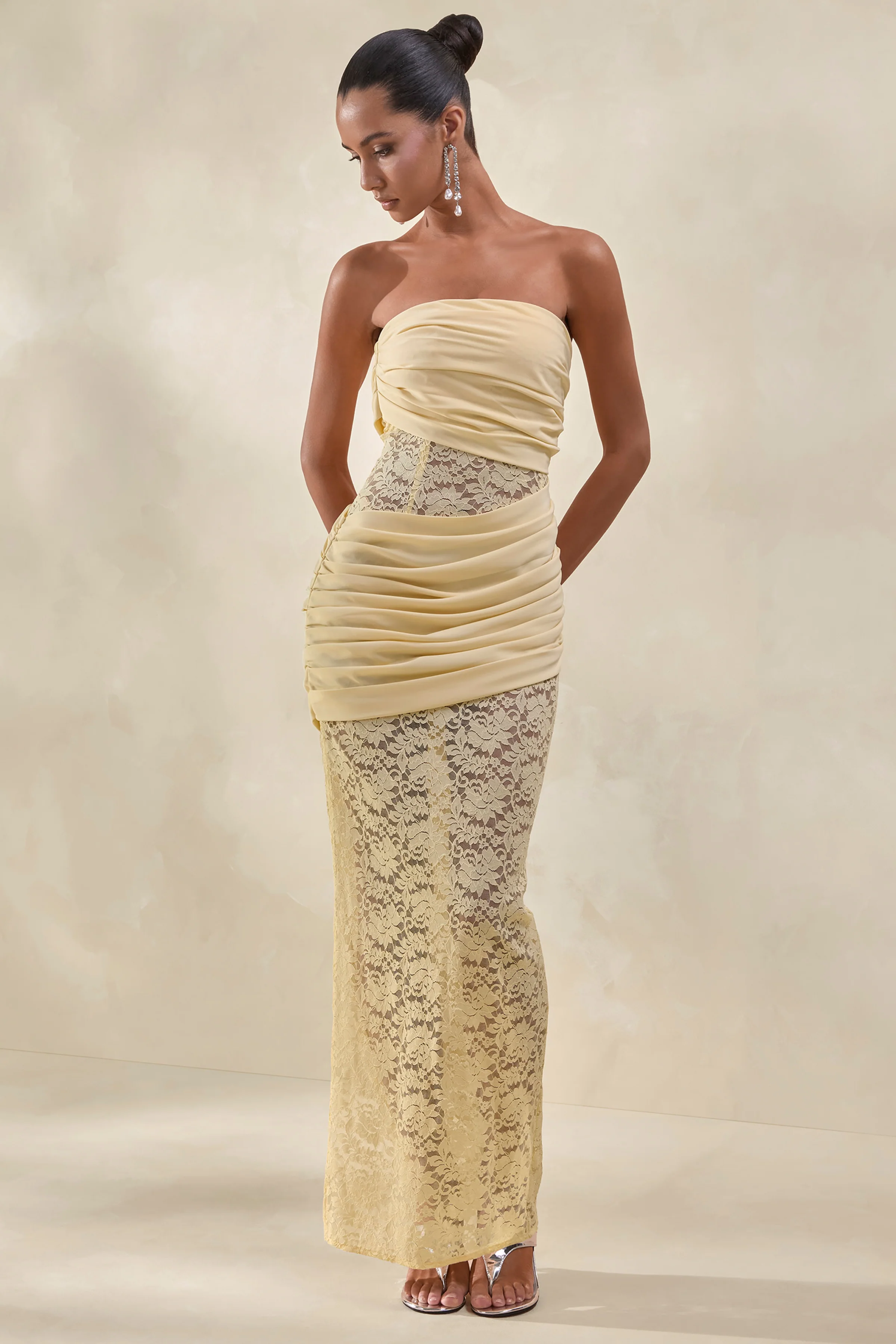 Lalita | Lemon Lace And Satin Bandeau Maxi Dress With Wrap-Details - Image 4