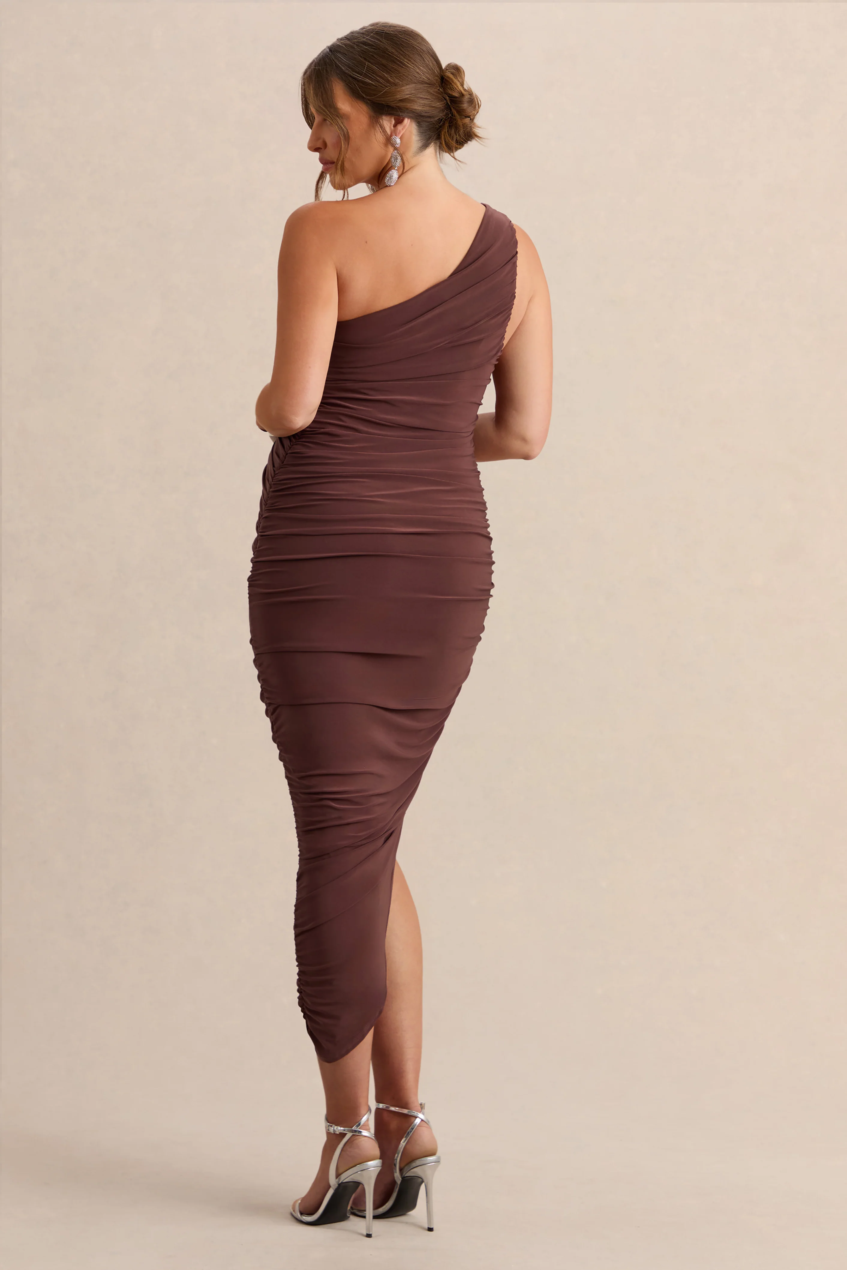 Late Night | Brown Maternity Ruched One Shoulder Midi Dress - Image 2