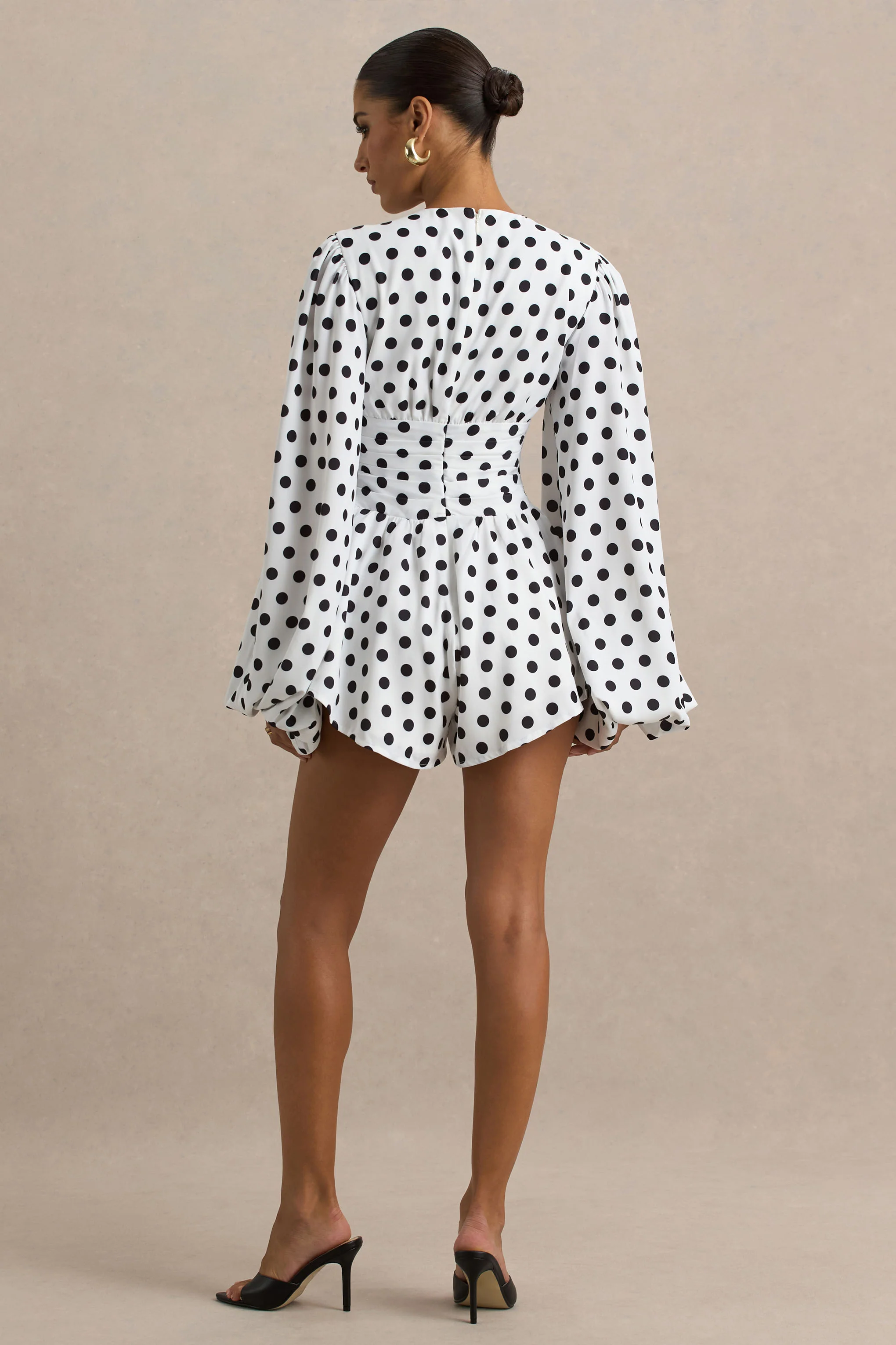 Laurel | White Polka Dot V-Neck Balloon Sleeve Romper - Image 10