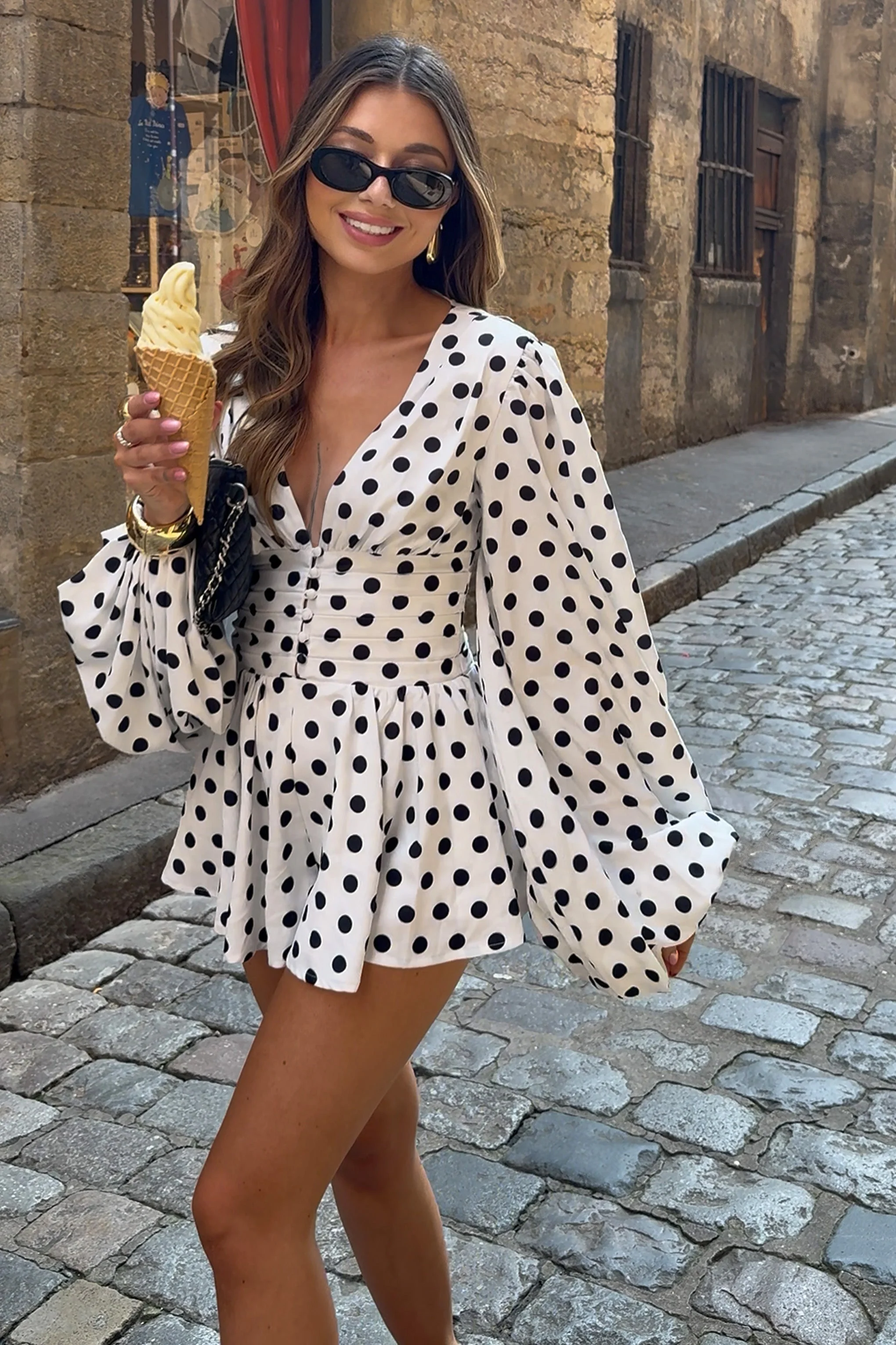 Laurel | White Polka Dot V-Neck Balloon Sleeve Romper - Image 8
