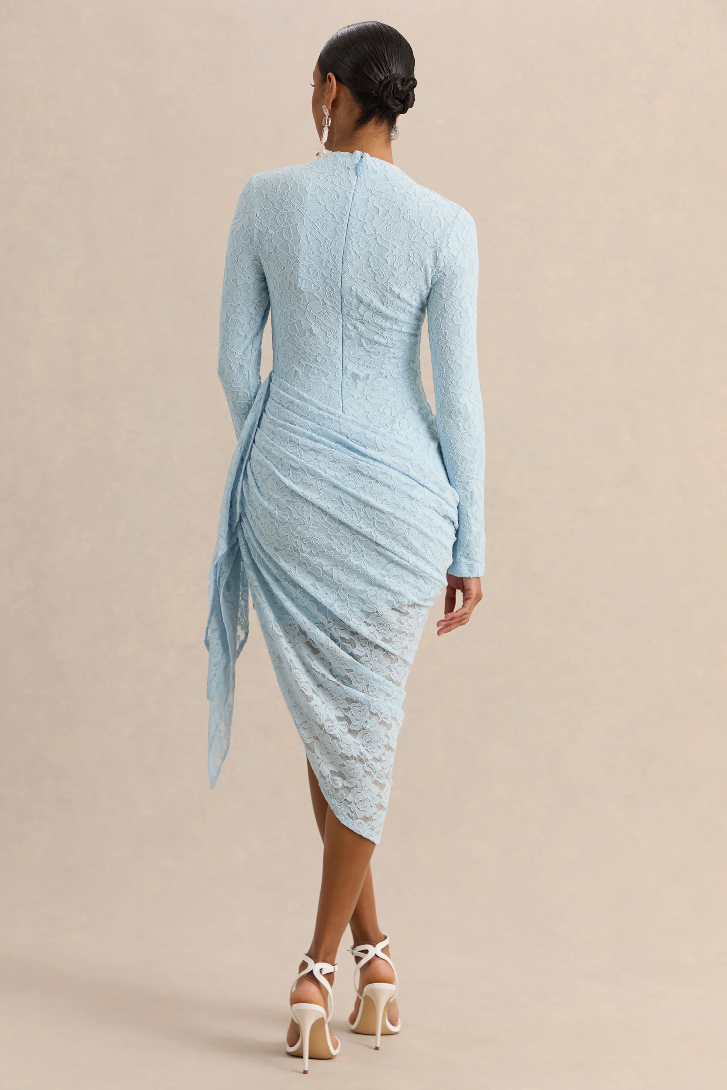 Laureline | Powder Blue Lace Crew-Neck Midi Dress With Draped-Detail And Asymmetric-Hem - Image 2