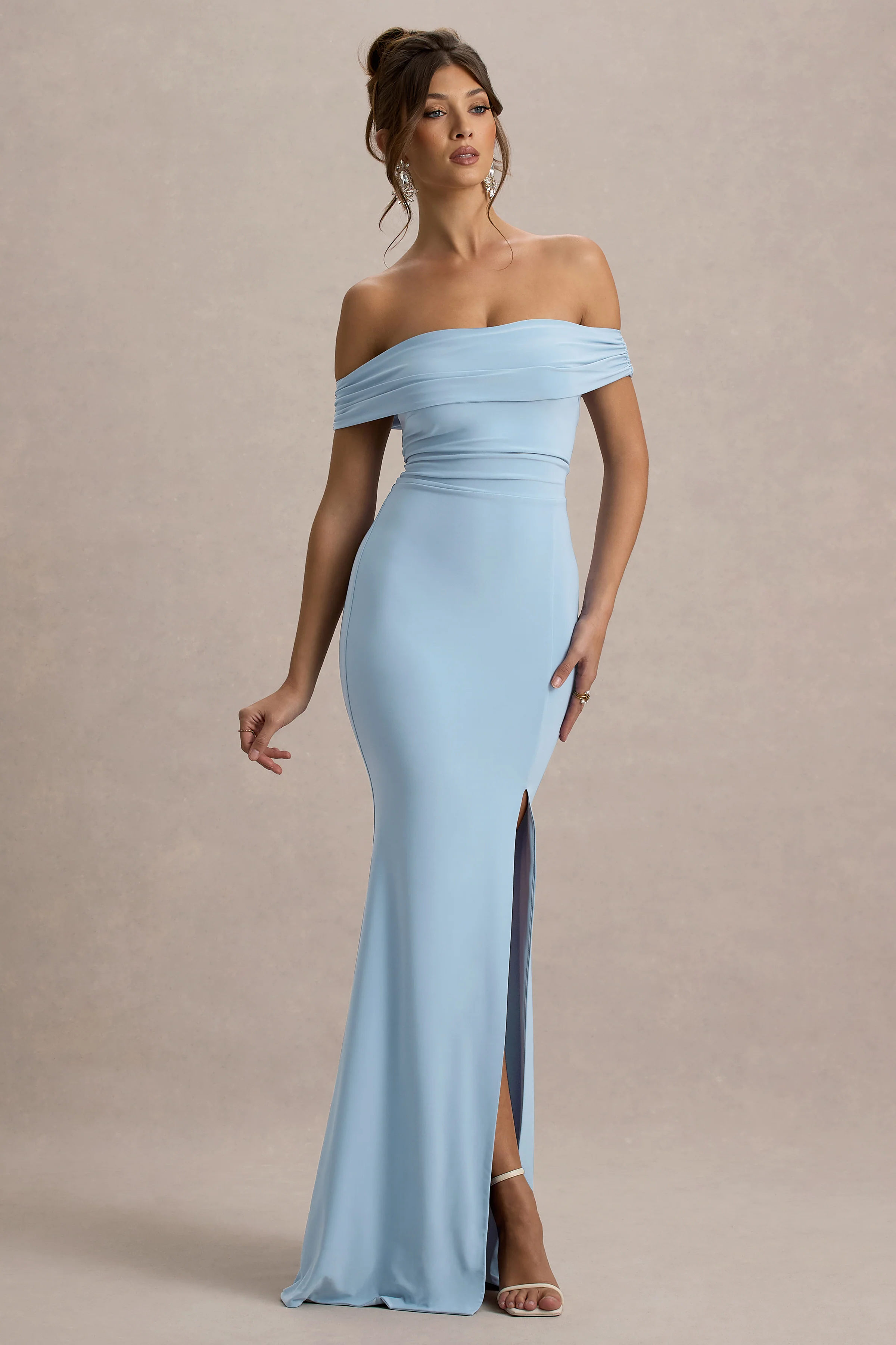 Law of Attraction | Powder Blue Bardot Draped Split Maxi Dress - Image 5