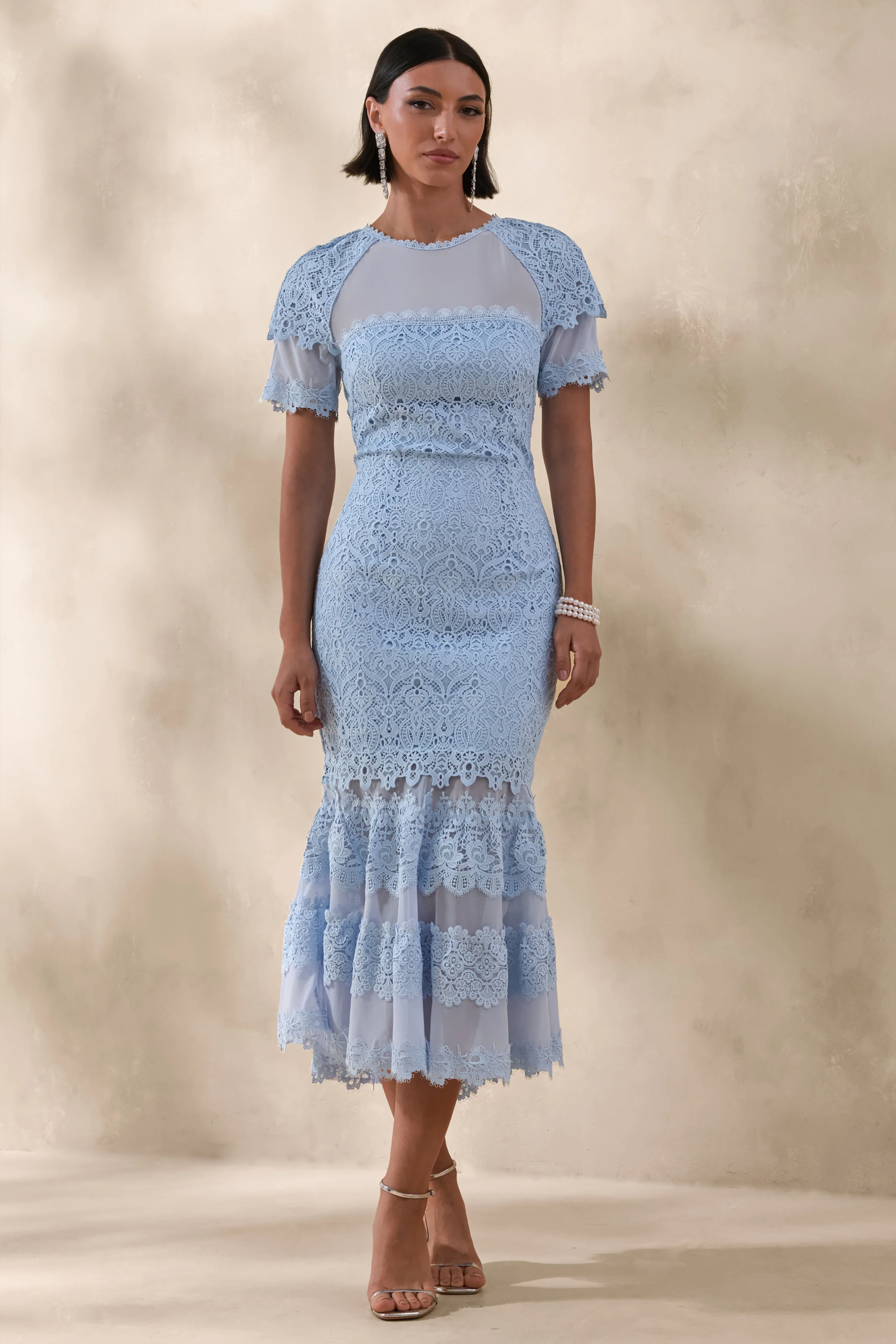 Leanne | Powder Blue Mesh And Lace Crew-Neck Fishtail Midi Dress - Image 4