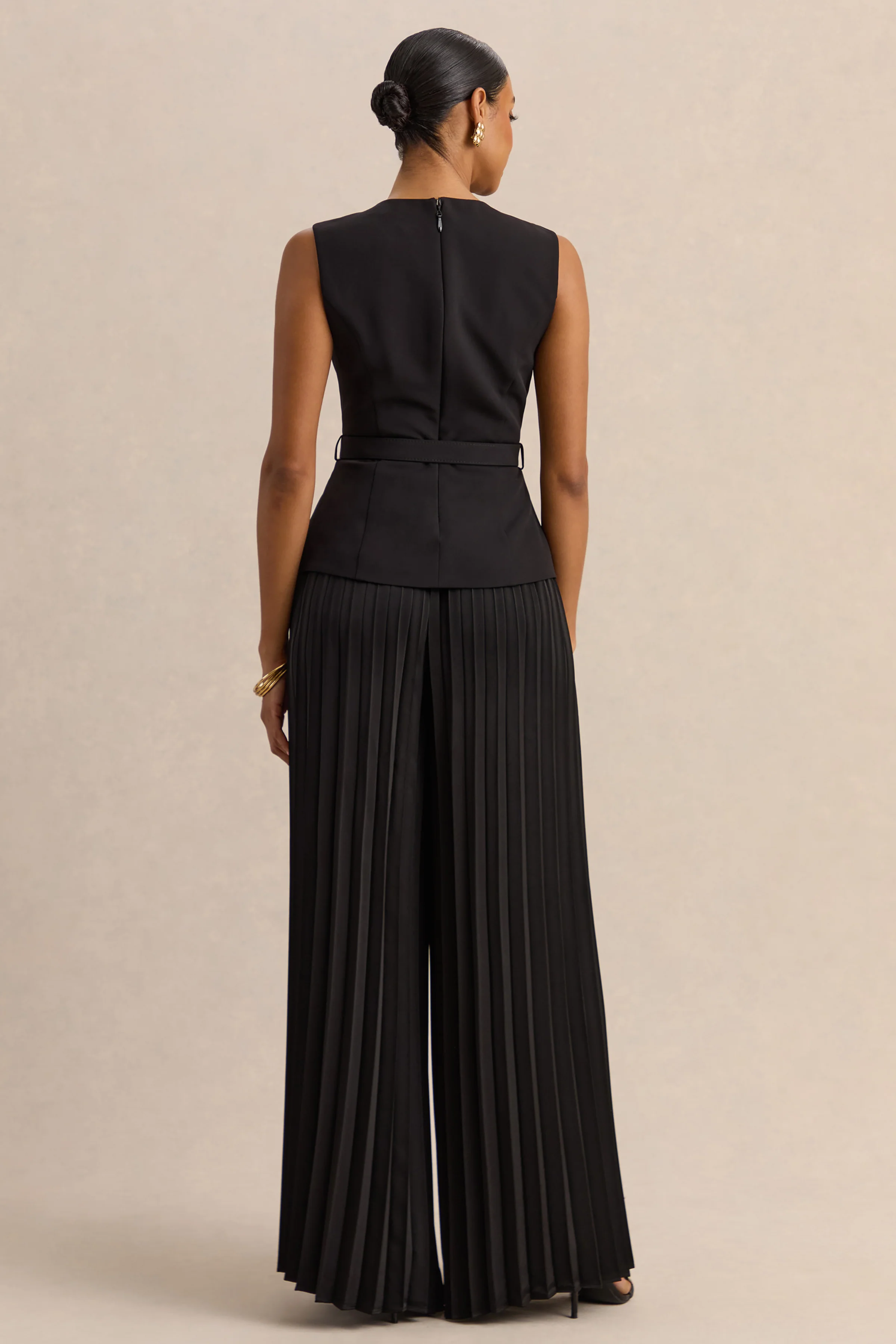 Lerenza | Black Satin Wide-Leg Pleated Trousers - Image 3