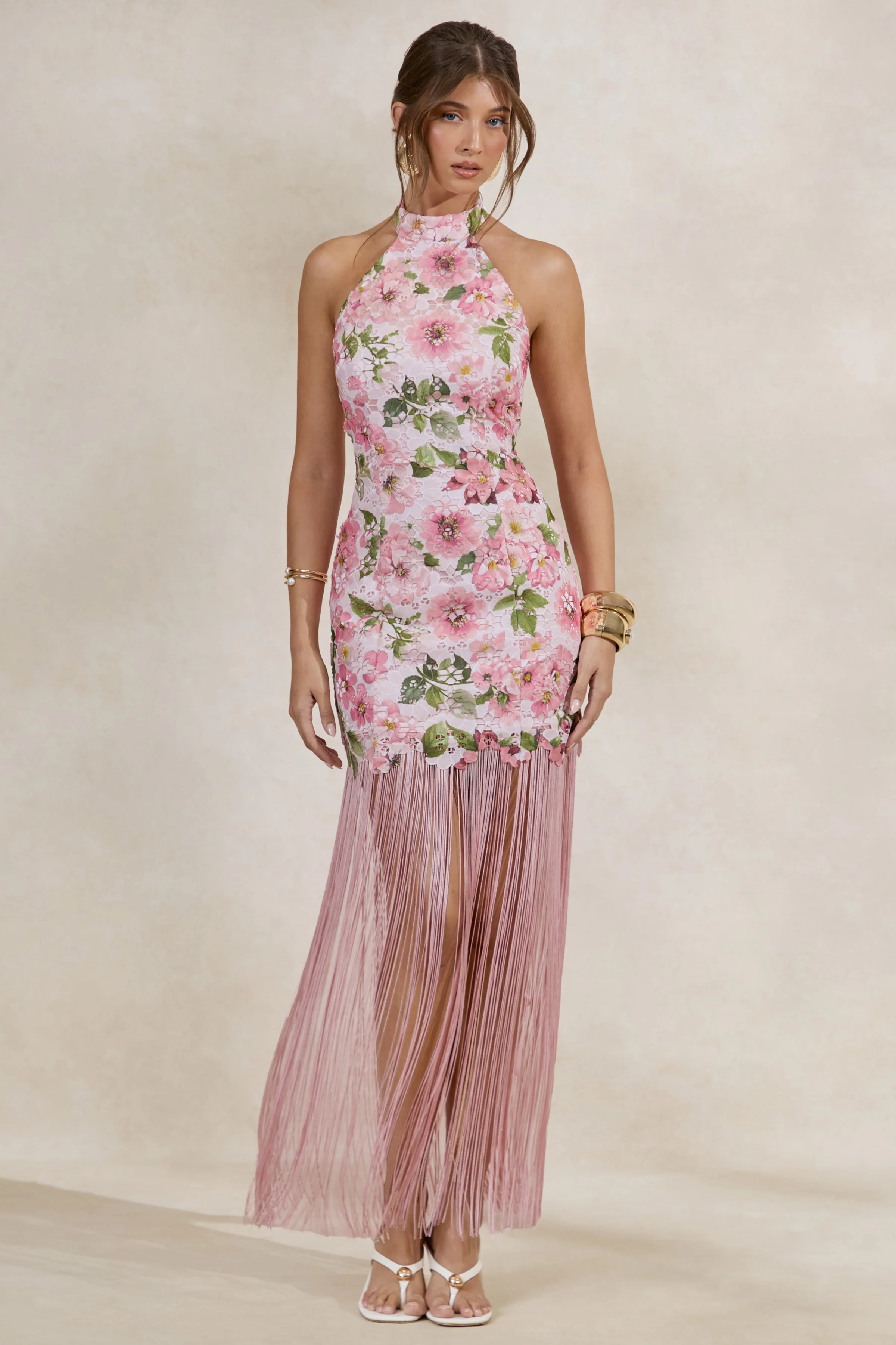 Lerisa | Pink Floral Print Lace Halter-Neck Fringed Maxi Dress - Image 11